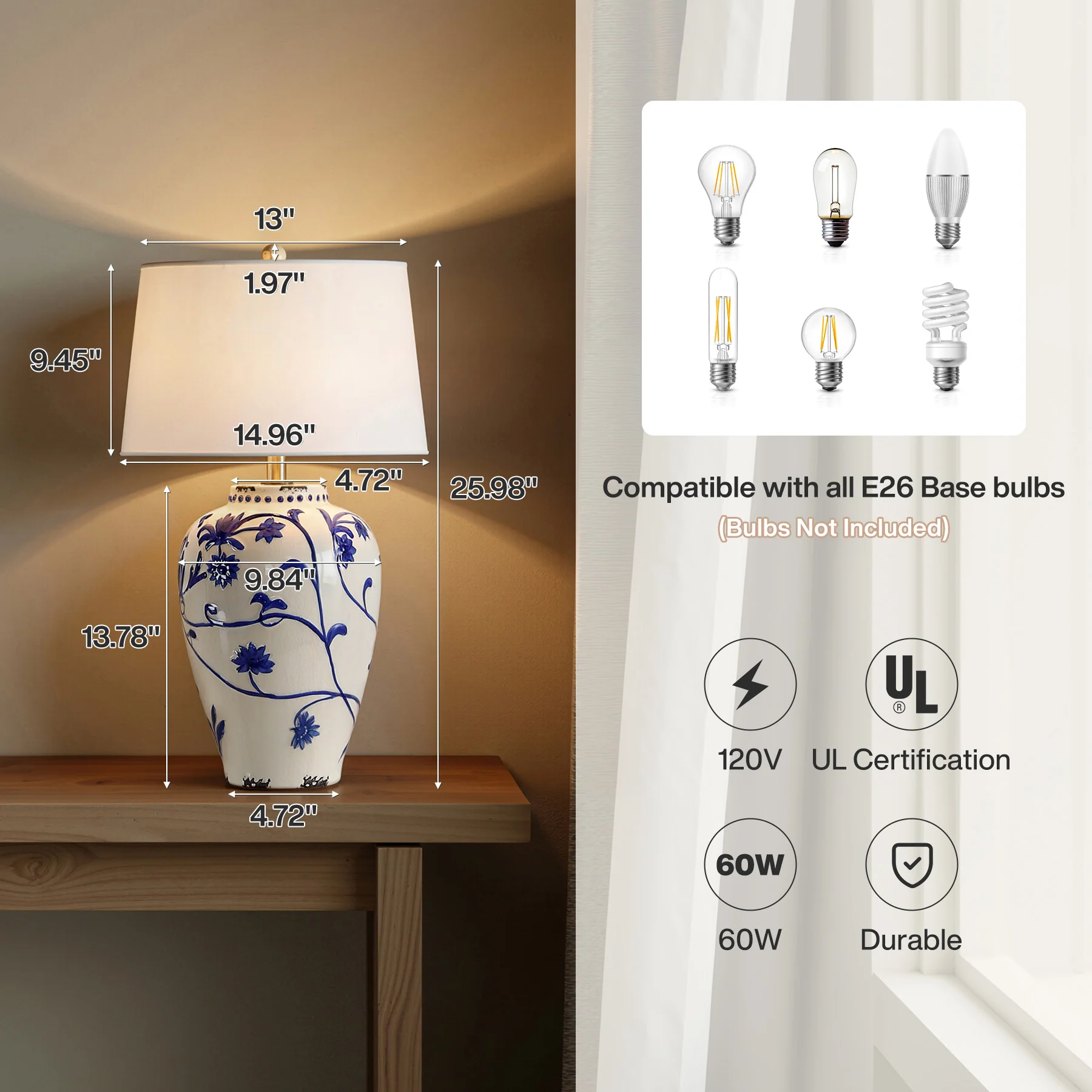 26" Porcelain Table Lamp, Lighting Fixtures with Patterned Decorative Bases - Image 2
