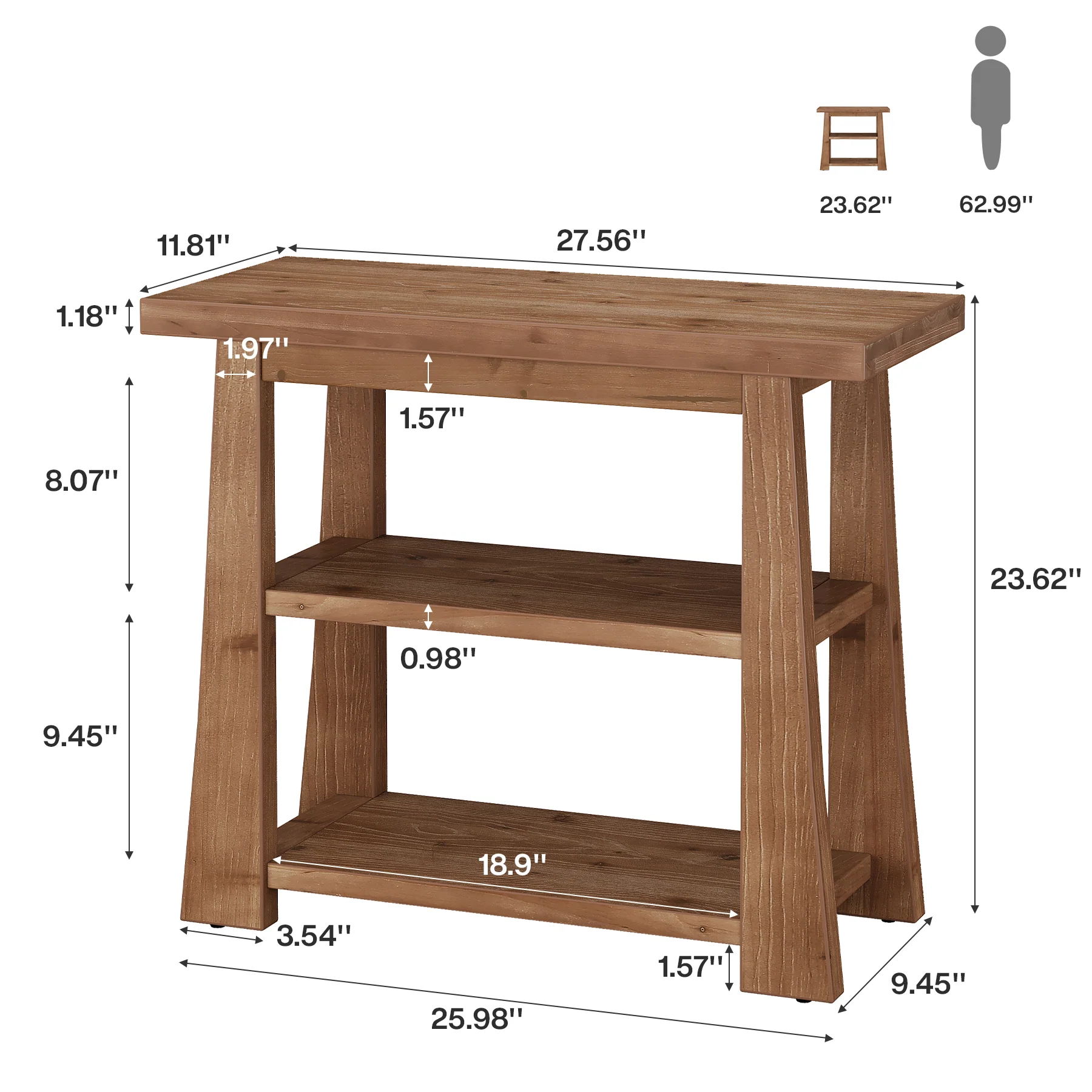 27.5" Wooden End Table, Narrow Nightstand with 3 Tier Storage Shelves for Living Room - Image 2