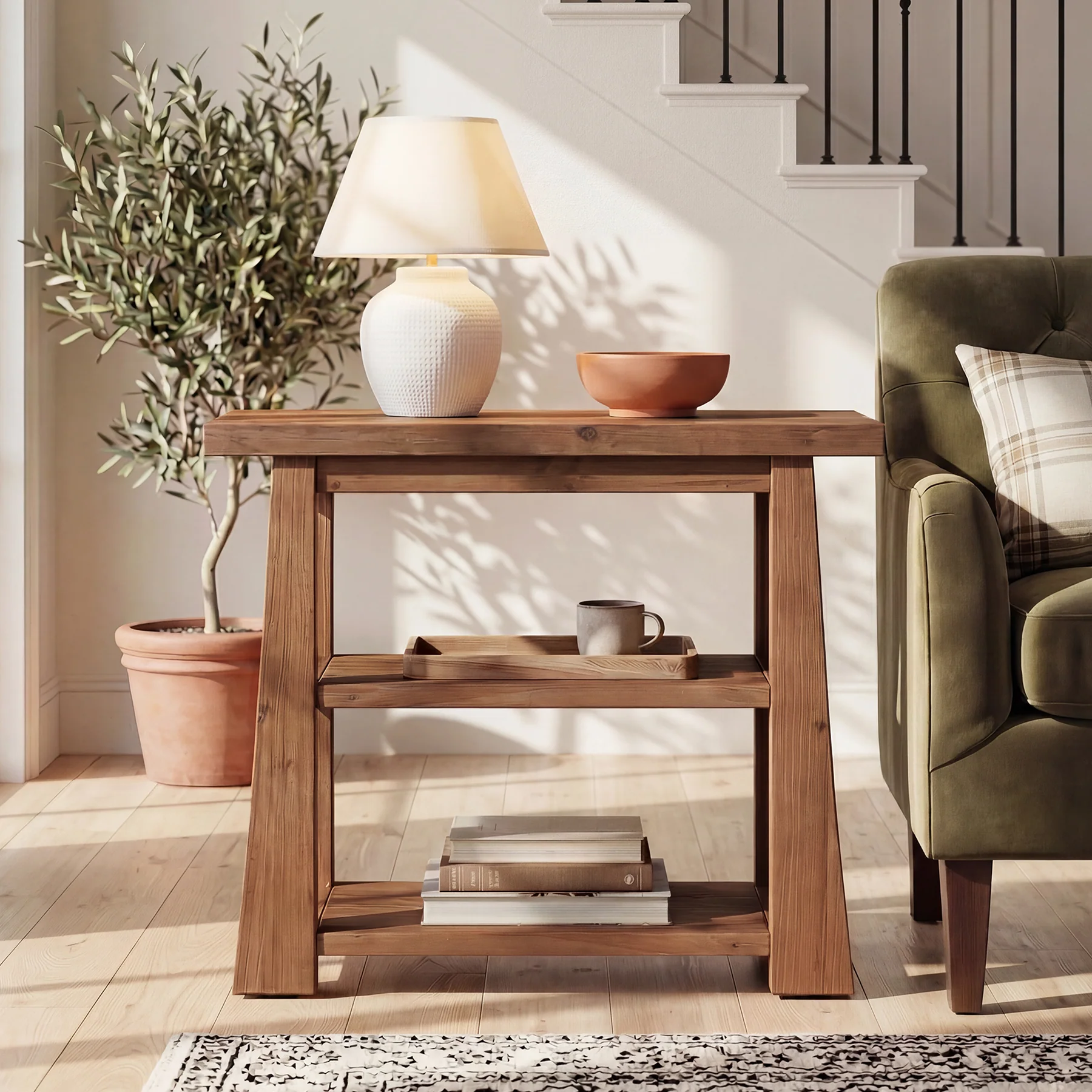 27.5" Wooden End Table, Narrow Nightstand with 3 Tier Storage Shelves for Living Room - Image 4