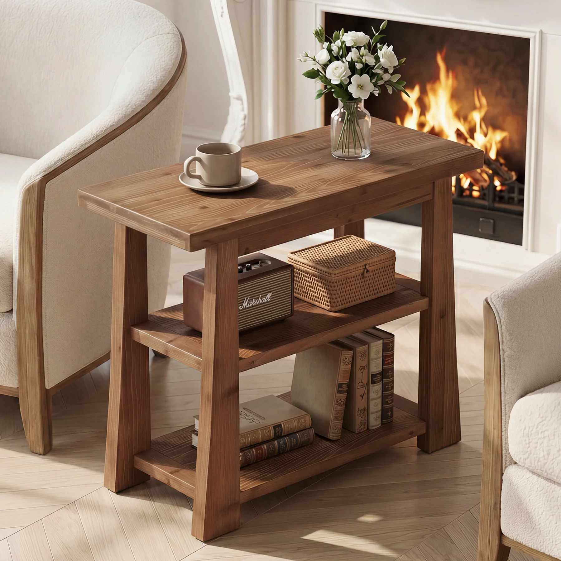 27.5" Wooden End Table, Narrow Nightstand with 3 Tier Storage Shelves for Living Room - Image 6