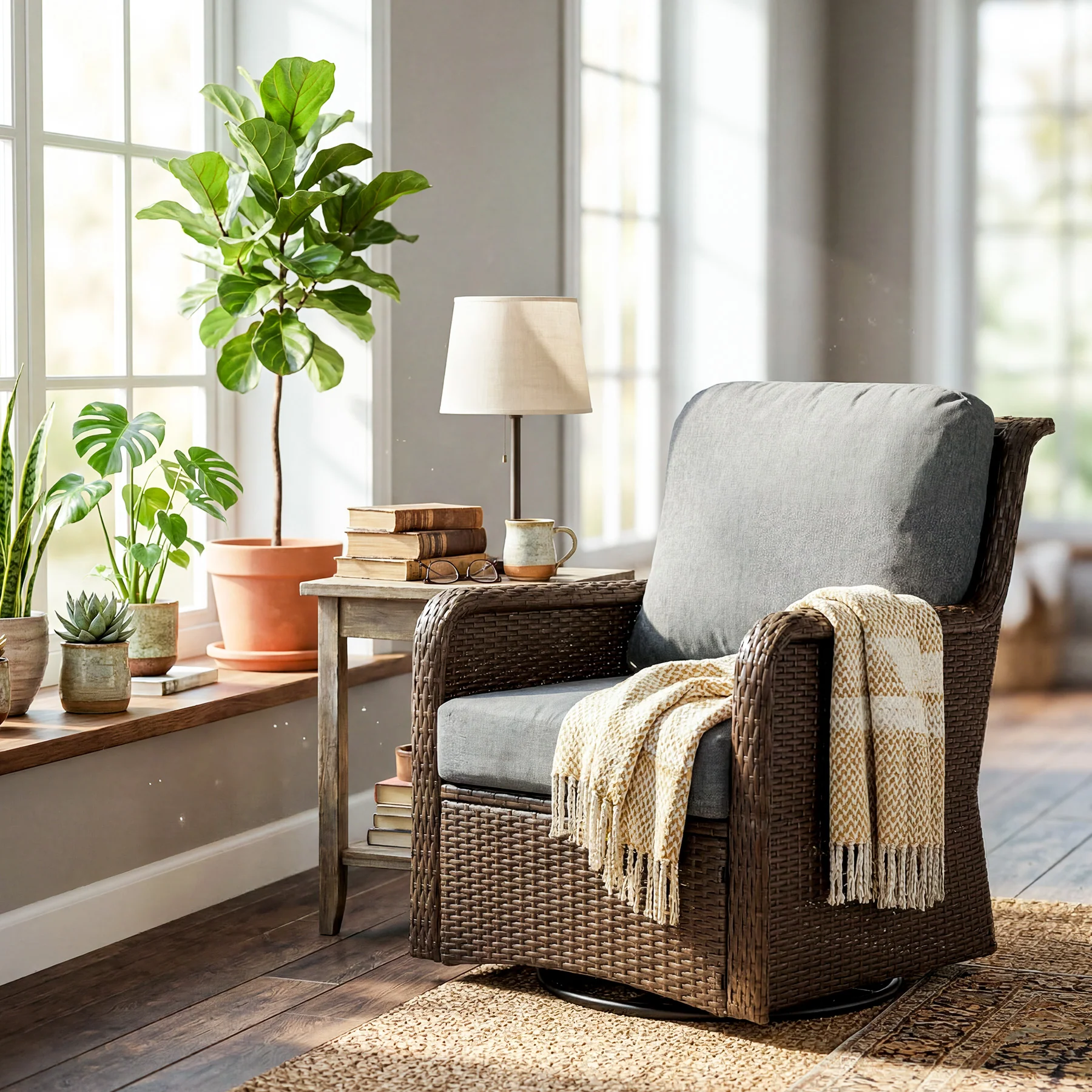 29.53" Outdoor Wicker Swivel Chair, Patio Rattan Rocking Chair with Thick Gray Cushions - Image 4