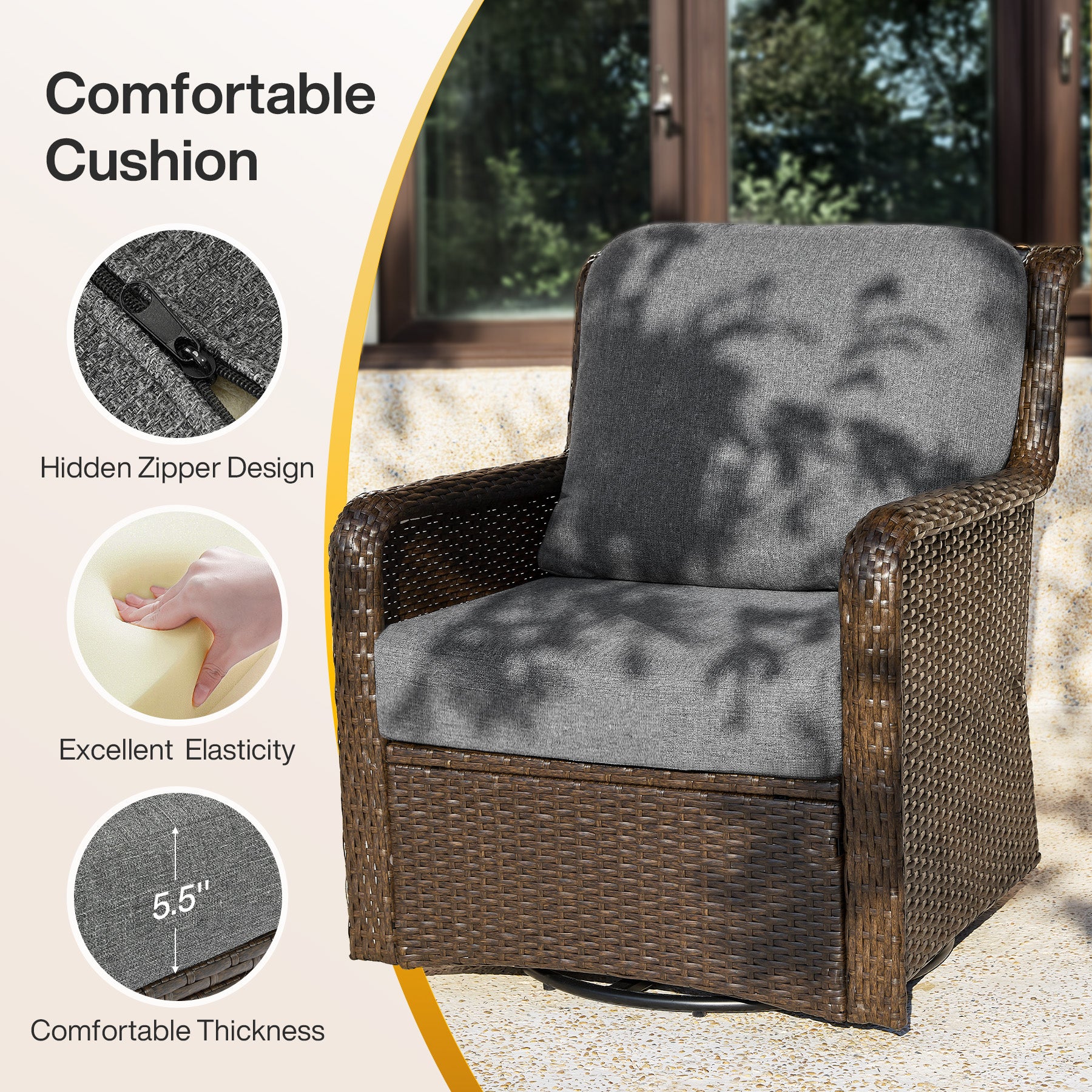 29.53" Outdoor Wicker Swivel Chair, Patio Rattan Rocking Chair with Thick Gray Cushions - Image 7