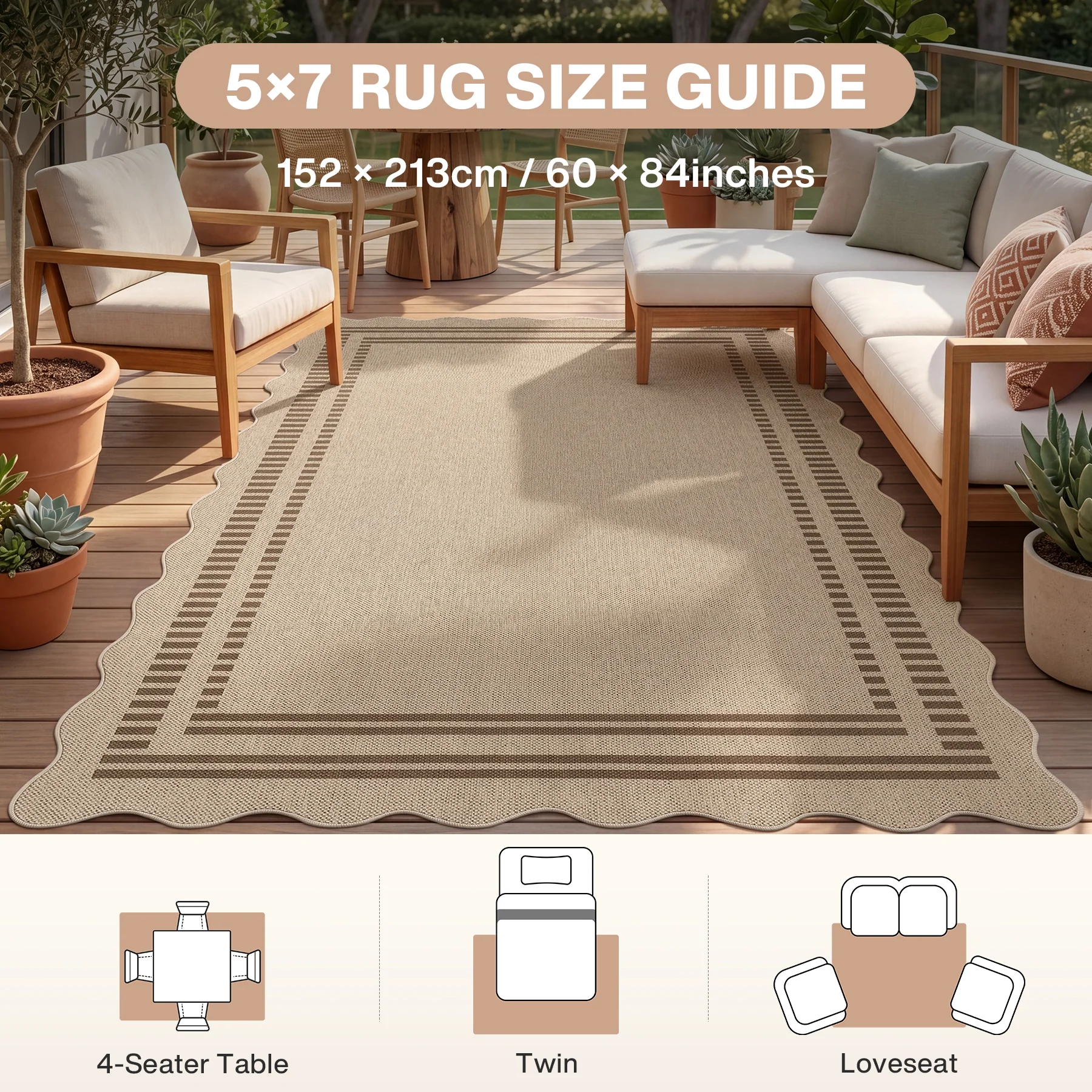2x6/3x5/5x7 Scalloped Easy Jute Area Rugs, Tan/Checkered Washable Hallway Runner Non Slip Carpet, Oeko-Tex Certified - Image 16