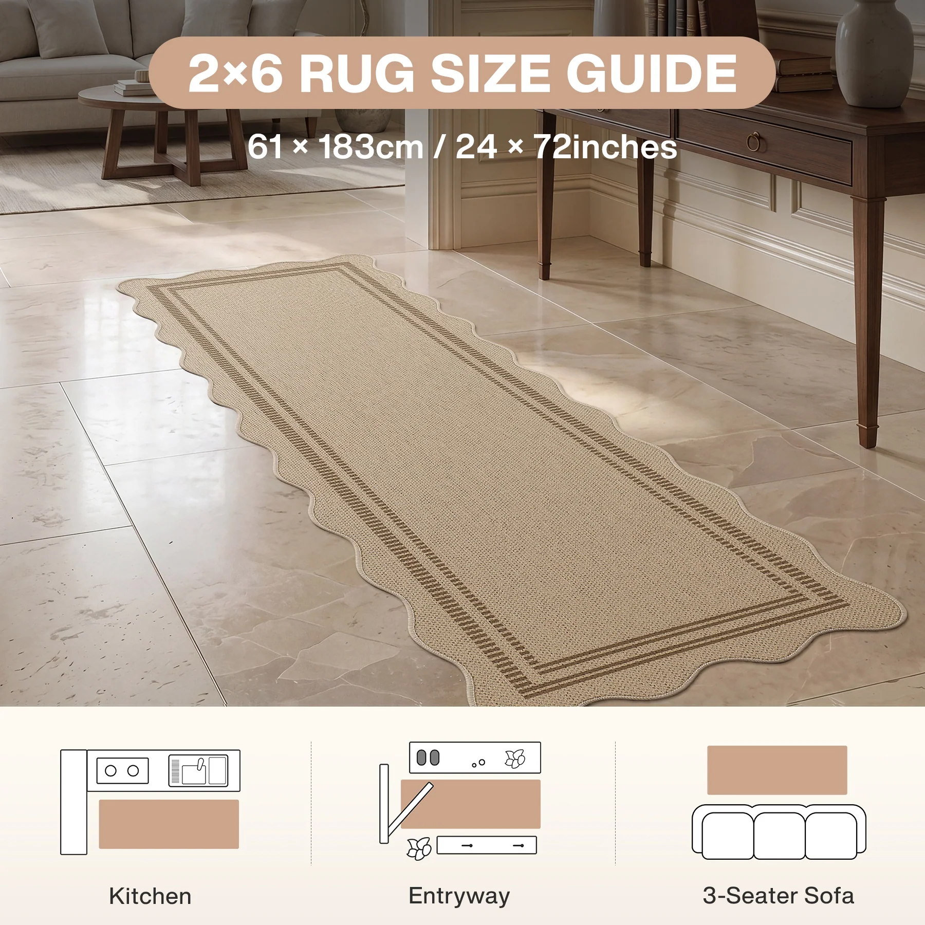 2x6/3x5/5x7 Scalloped Easy Jute Area Rugs, Tan/Checkered Washable Hallway Runner Non Slip Carpet, Oeko-Tex Certified - Image 2