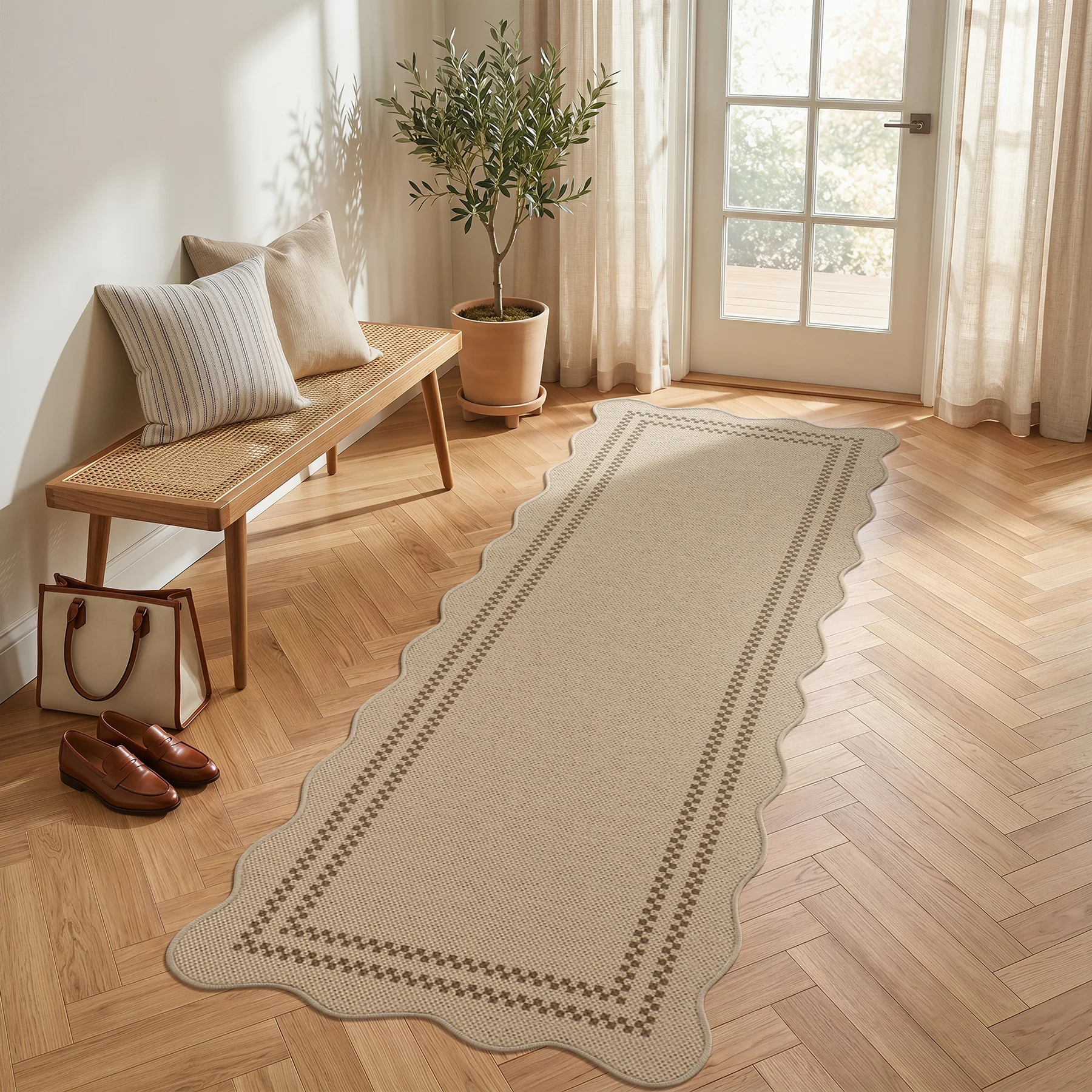 2x6/3x5/5x7 Scalloped Easy Jute Area Rugs, Tan/Checkered Washable Hallway Runner Non Slip Carpet, Oeko-Tex Certified - Image 21