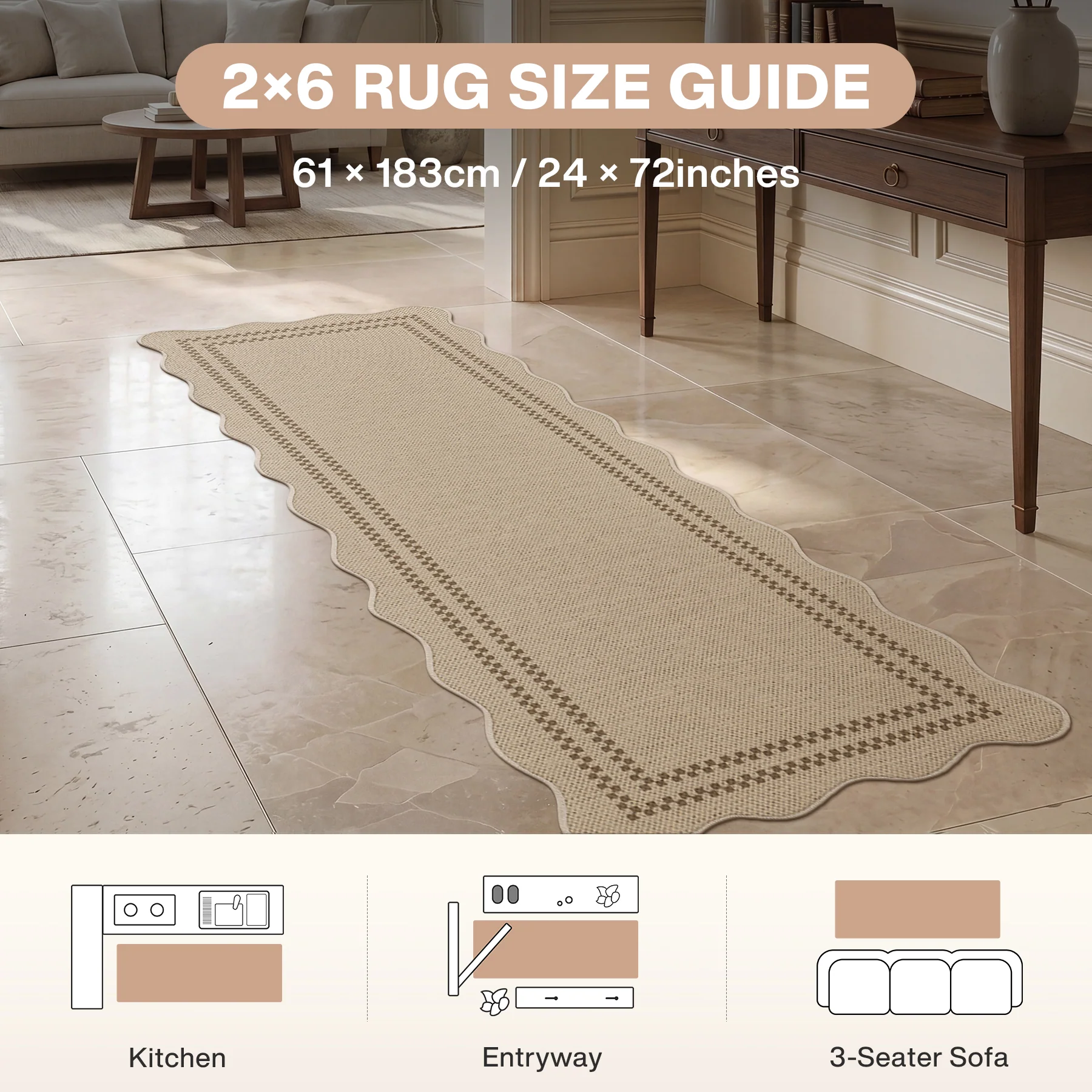 2x6/3x5/5x7 Scalloped Easy Jute Area Rugs, Tan/Checkered Washable Hallway Runner Non Slip Carpet, Oeko-Tex Certified - Image 22