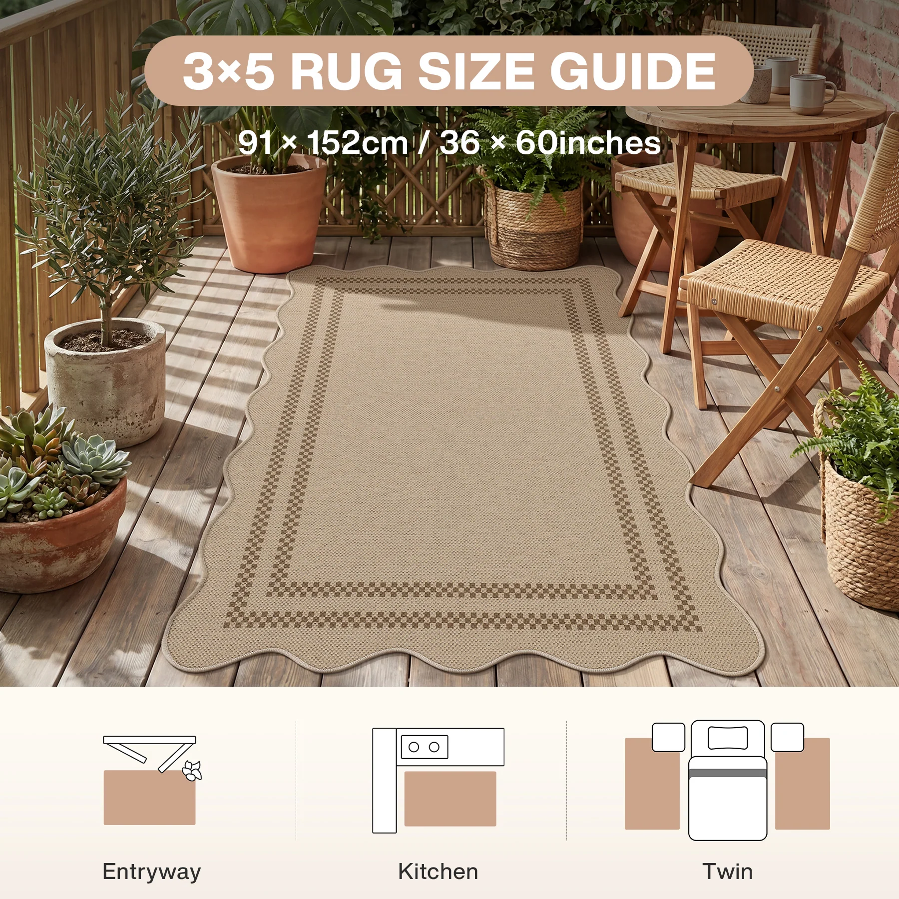 2x6/3x5/5x7 Scalloped Easy Jute Area Rugs, Tan/Checkered Washable Hallway Runner Non Slip Carpet, Oeko-Tex Certified - Image 27