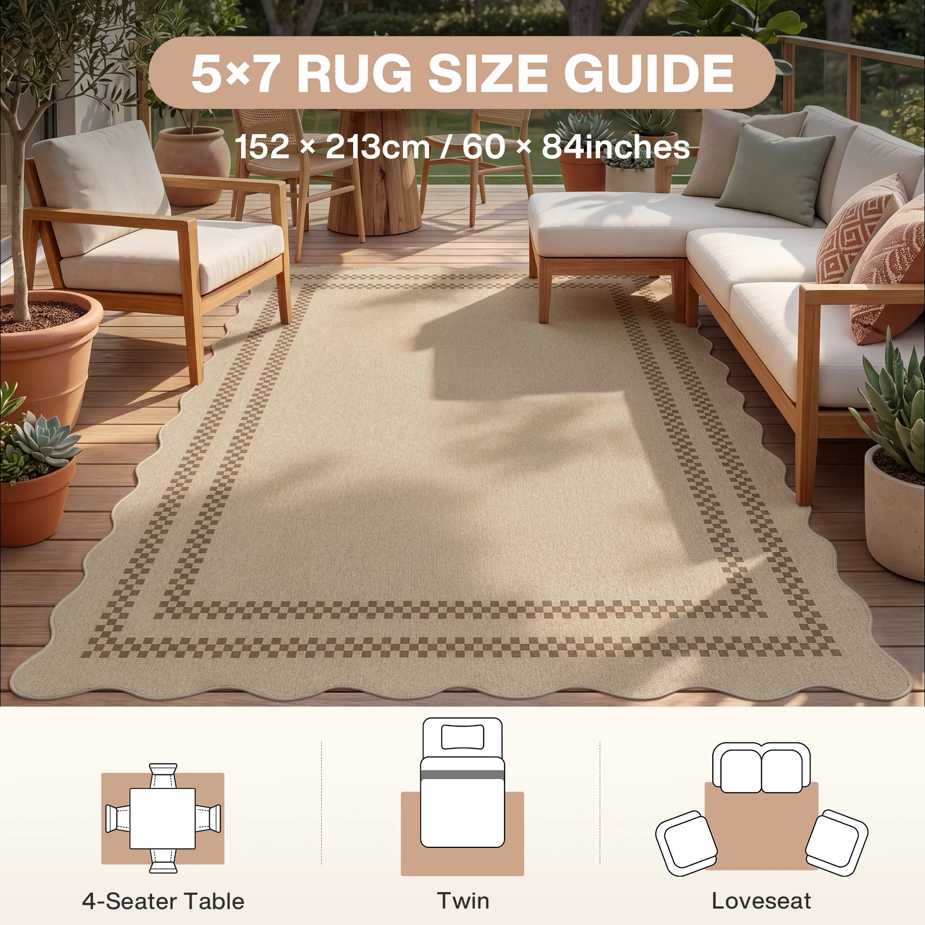 2x6/3x5/5x7 Scalloped Easy Jute Area Rugs, Tan/Checkered Washable Hallway Runner Non Slip Carpet, Oeko-Tex Certified - Image 32