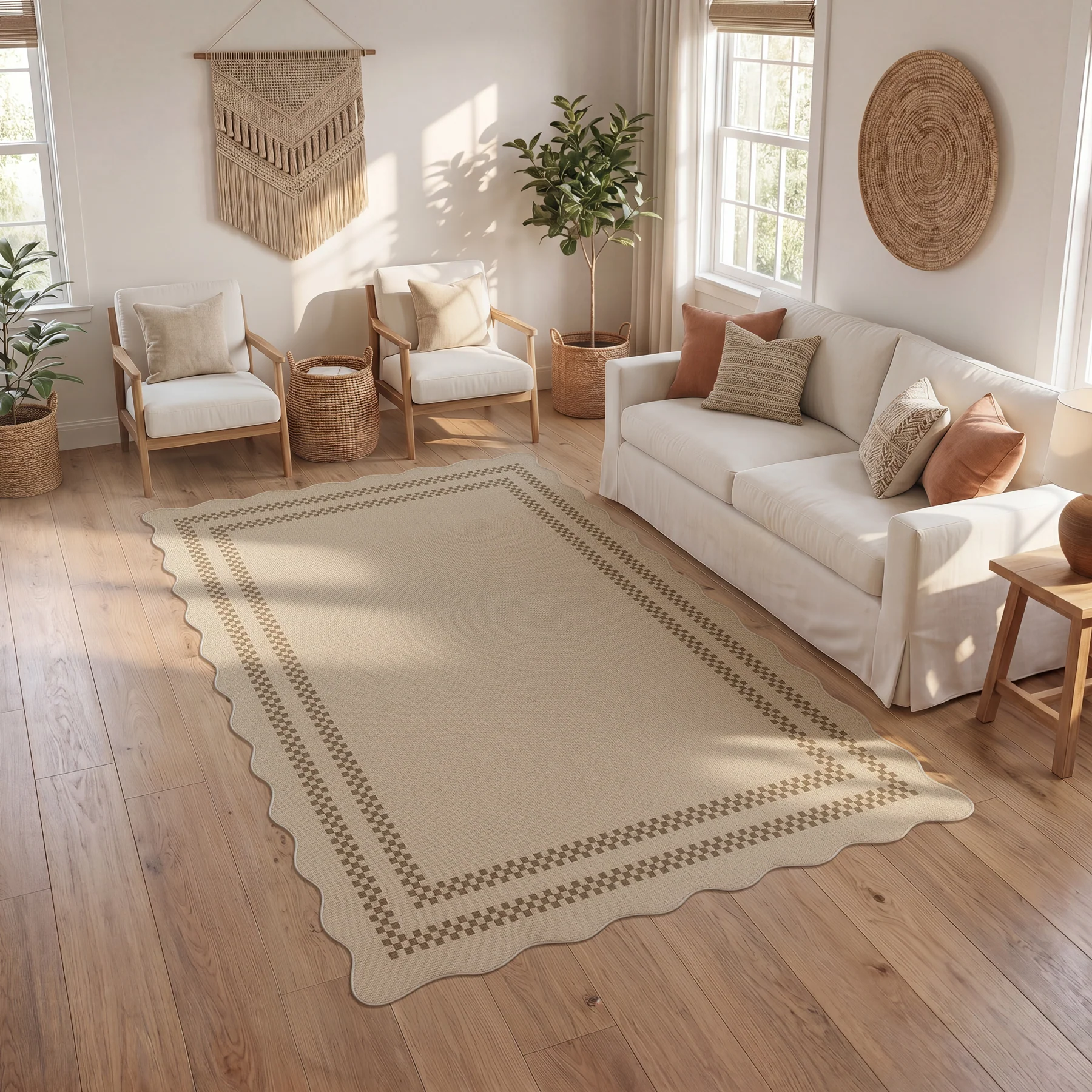 2x6/3x5/5x7 Scalloped Easy Jute Area Rugs, Tan/Checkered Washable Hallway Runner Non Slip Carpet, Oeko-Tex Certified - Image 35