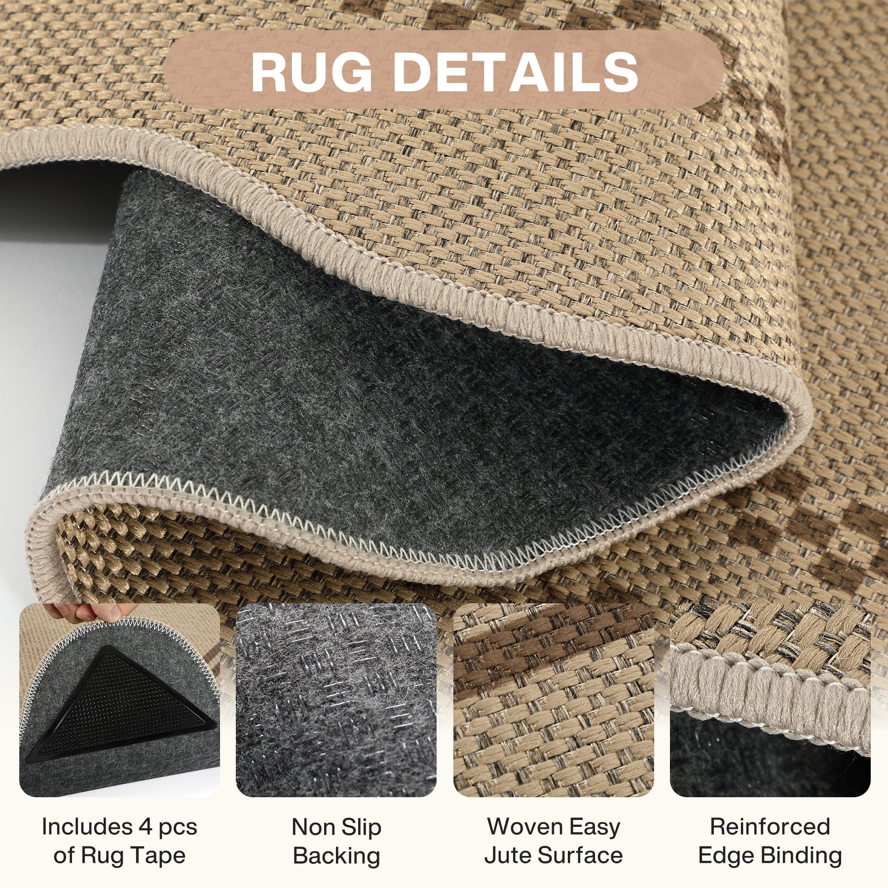 2x6/3x5/5x7 Scalloped Easy Jute Area Rugs, Tan/Checkered Washable Hallway Runner Non Slip Carpet, Oeko-Tex Certified - Image 39