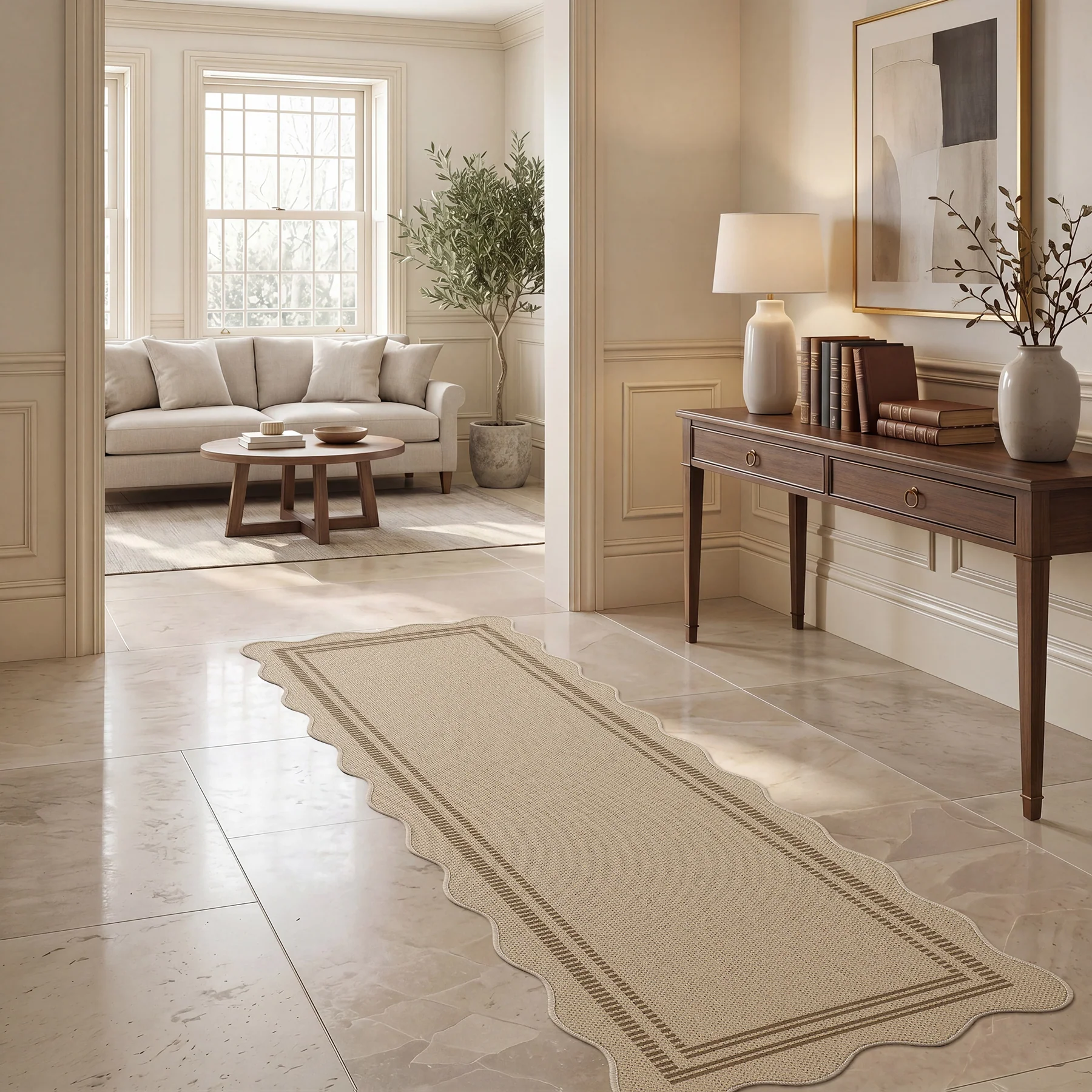 2x6/3x5/5x7 Scalloped Easy Jute Area Rugs, Tan/Checkered Washable Hallway Runner Non Slip Carpet, Oeko-Tex Certified - Image 4