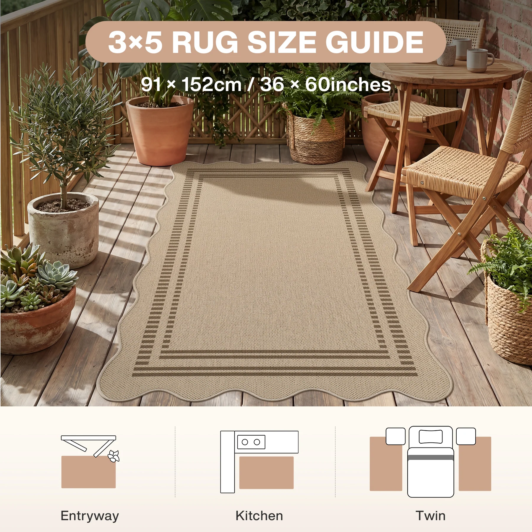 2x6/3x5/5x7 Scalloped Easy Jute Area Rugs, Tan/Checkered Washable Hallway Runner Non Slip Carpet, Oeko-Tex Certified - Image 9