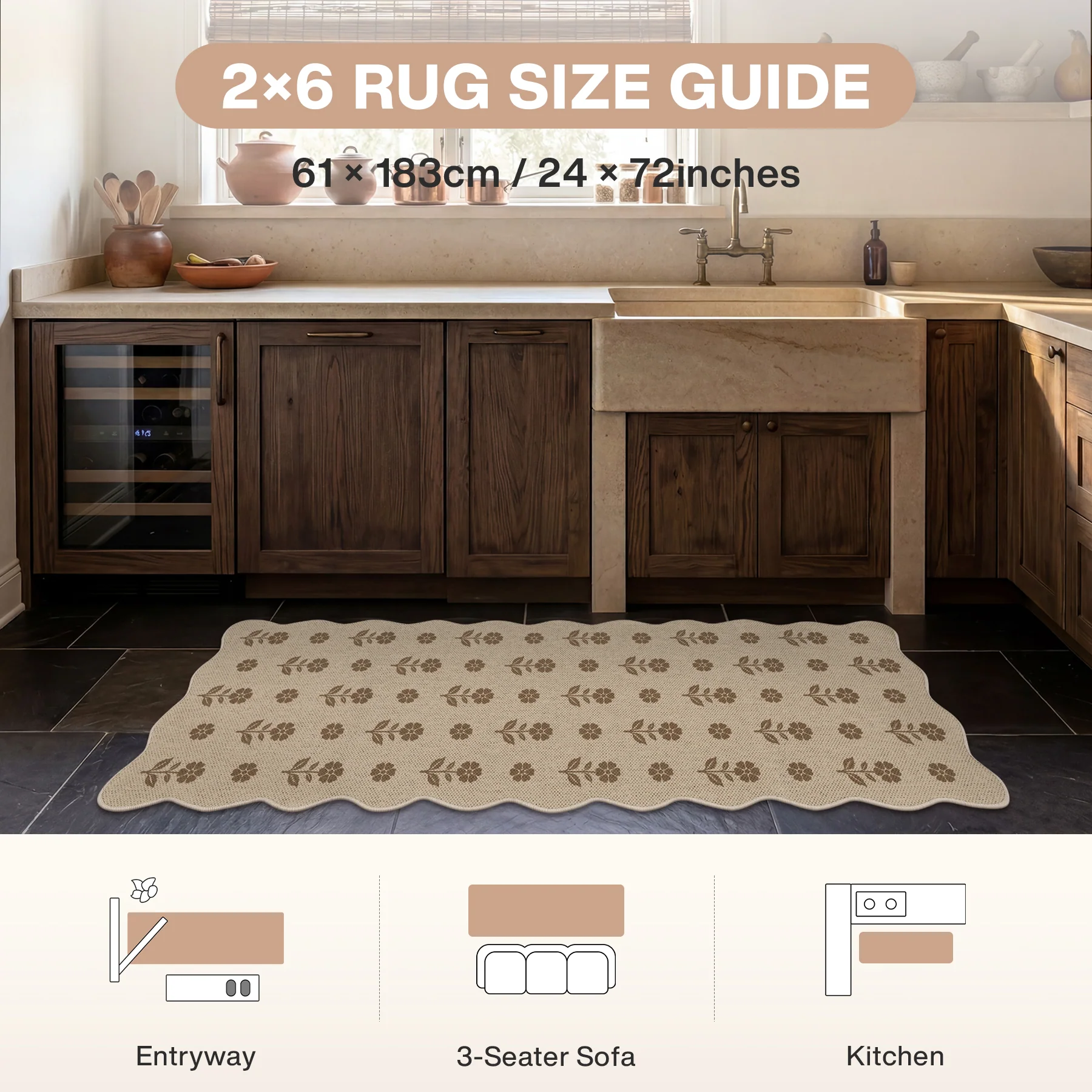 2x6/3x5 Floral Easy Jute Hallway Runner Rug, Scalloped Kitchen Runner Rug Non Skid Washable Indoor Carpet, Oeko-Tex Certified - Image 14