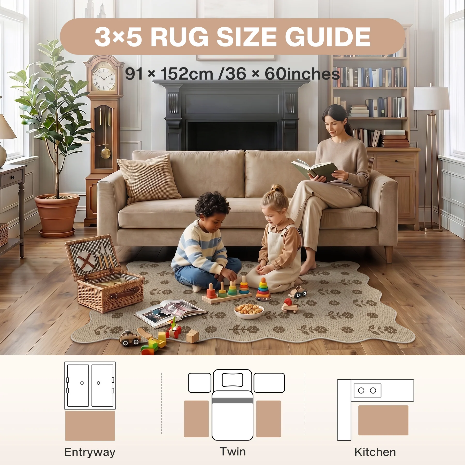 2x6/3x5 Floral Easy Jute Hallway Runner Rug, Scalloped Kitchen Runner Rug Non Skid Washable Indoor Carpet, Oeko-Tex Certified - Image 20