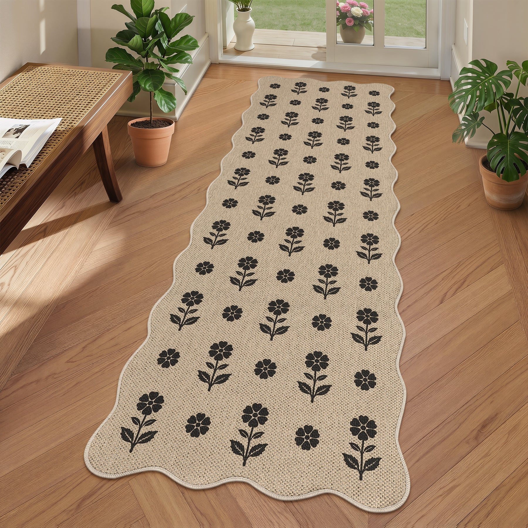 2x6/3x5 Floral Easy Jute Hallway Runner Rug, Scalloped Kitchen Runner Rug Non Skid Washable Indoor Carpet, Oeko-Tex Certified - Image 5