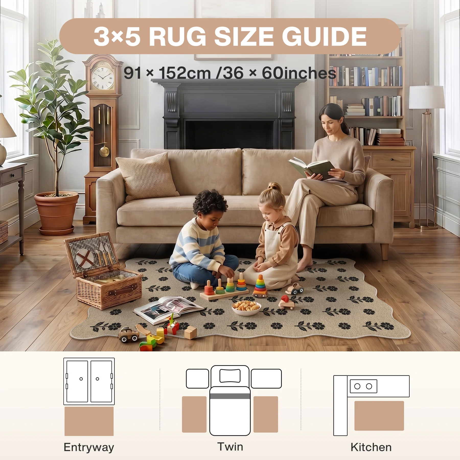 2x6/3x5 Floral Easy Jute Hallway Runner Rug, Scalloped Kitchen Runner Rug Non Skid Washable Indoor Carpet, Oeko-Tex Certified - Image 9