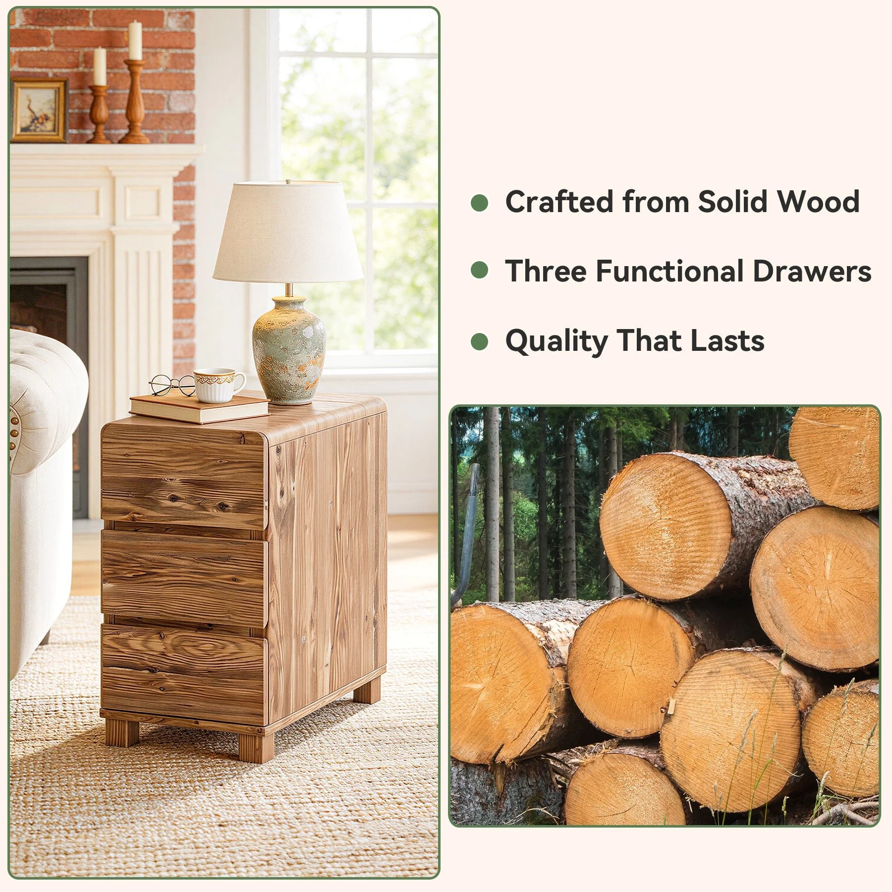 Tribesigns 3-Drawer Side Table, Solid Wood End Table for Living Room - Image 7