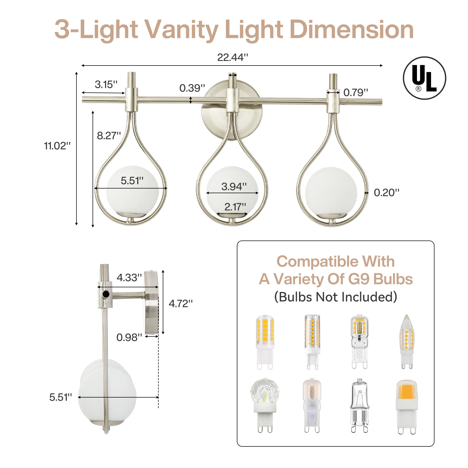 3-Light Bathroom Vanity Light, 22.5" Wall Lighting Fixture with Glass Shades - Image 2