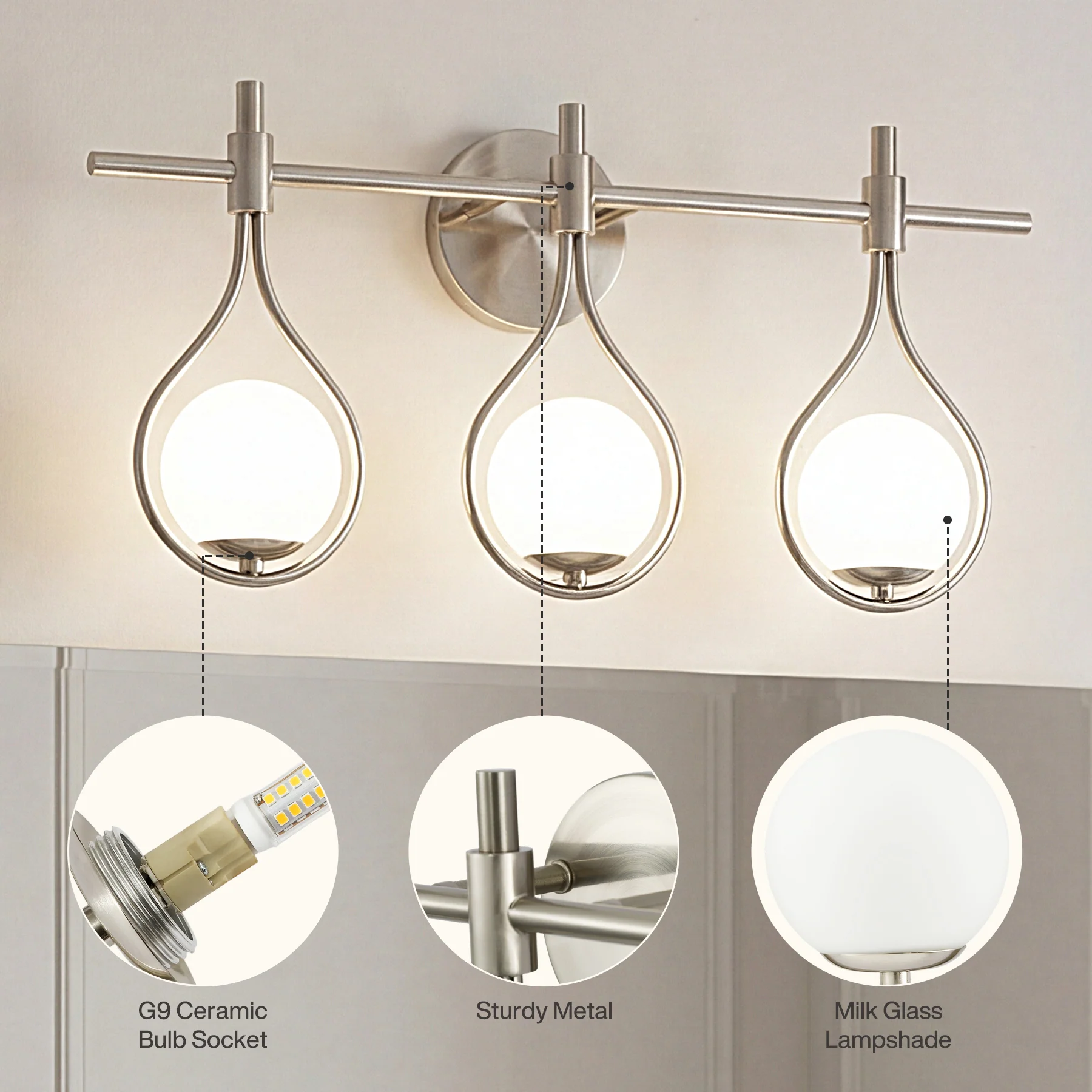 3-Light Bathroom Vanity Light, 22.5" Wall Lighting Fixture with Glass Shades - Image 6