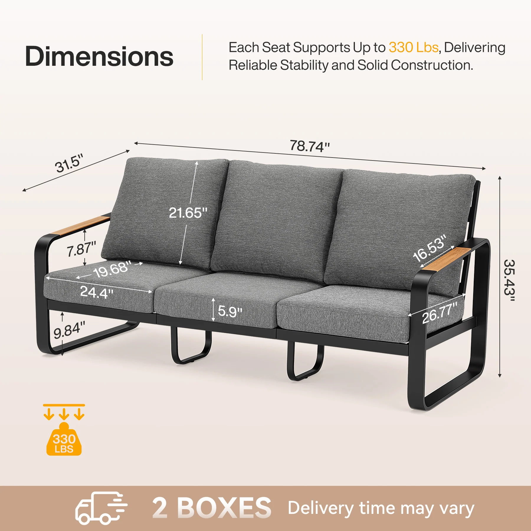 78.7" Wide Outdoor Bench, 3-Person Patio Sofa with Removable Cushions - Image 12
