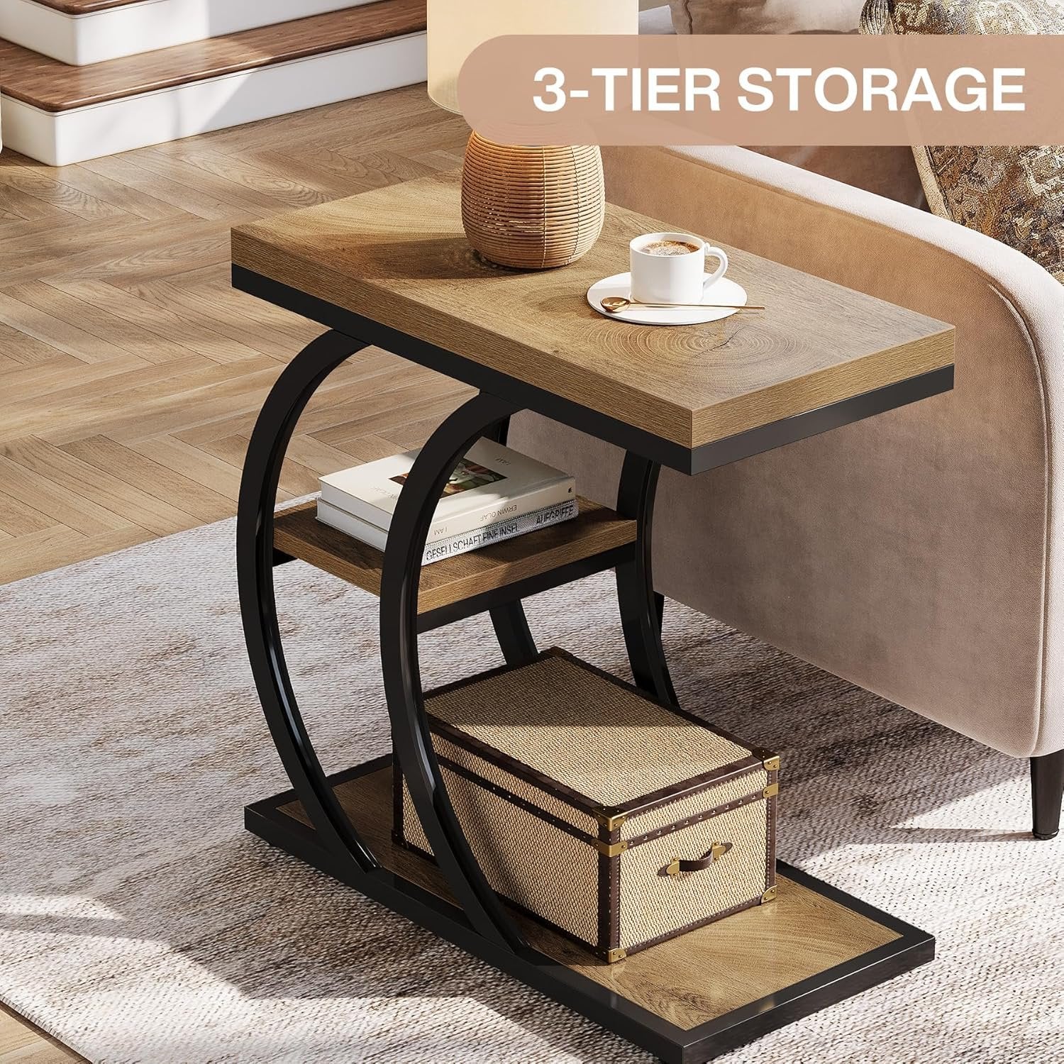 23.6" End Table, 3-Tier Couch C-Shaped Side Table with Storage - Image 8