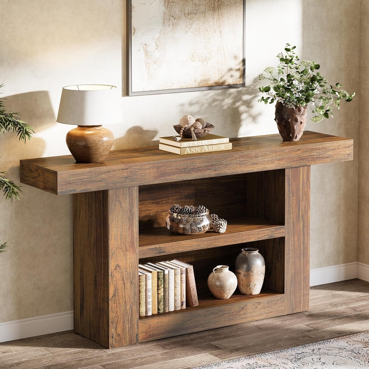 63" Console Table, 3-Tier Farmhouse Entryway Table with U-Shaped Base