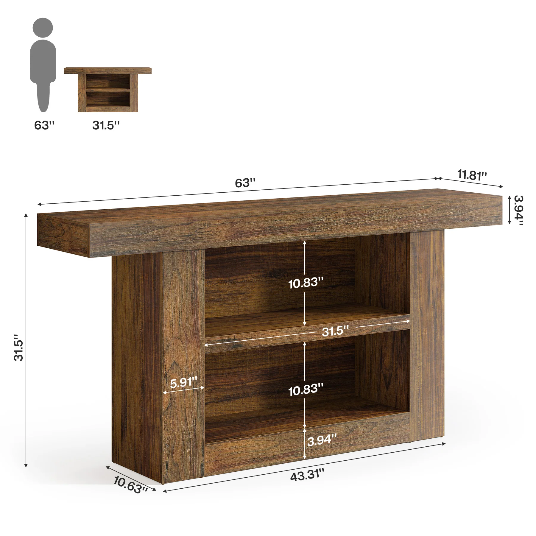 63" Console Table, 3-Tier Farmhouse Entryway Table with U-Shaped Base - Image 2