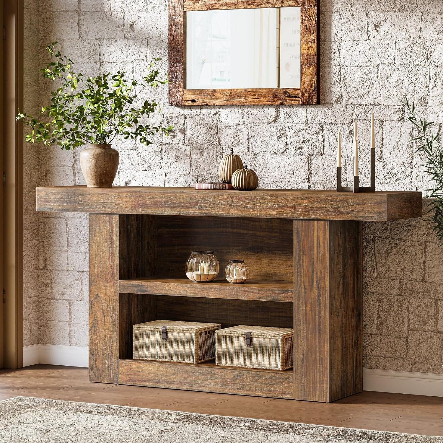 63" Console Table, 3-Tier Farmhouse Entryway Table with U-Shaped Base - Image 3