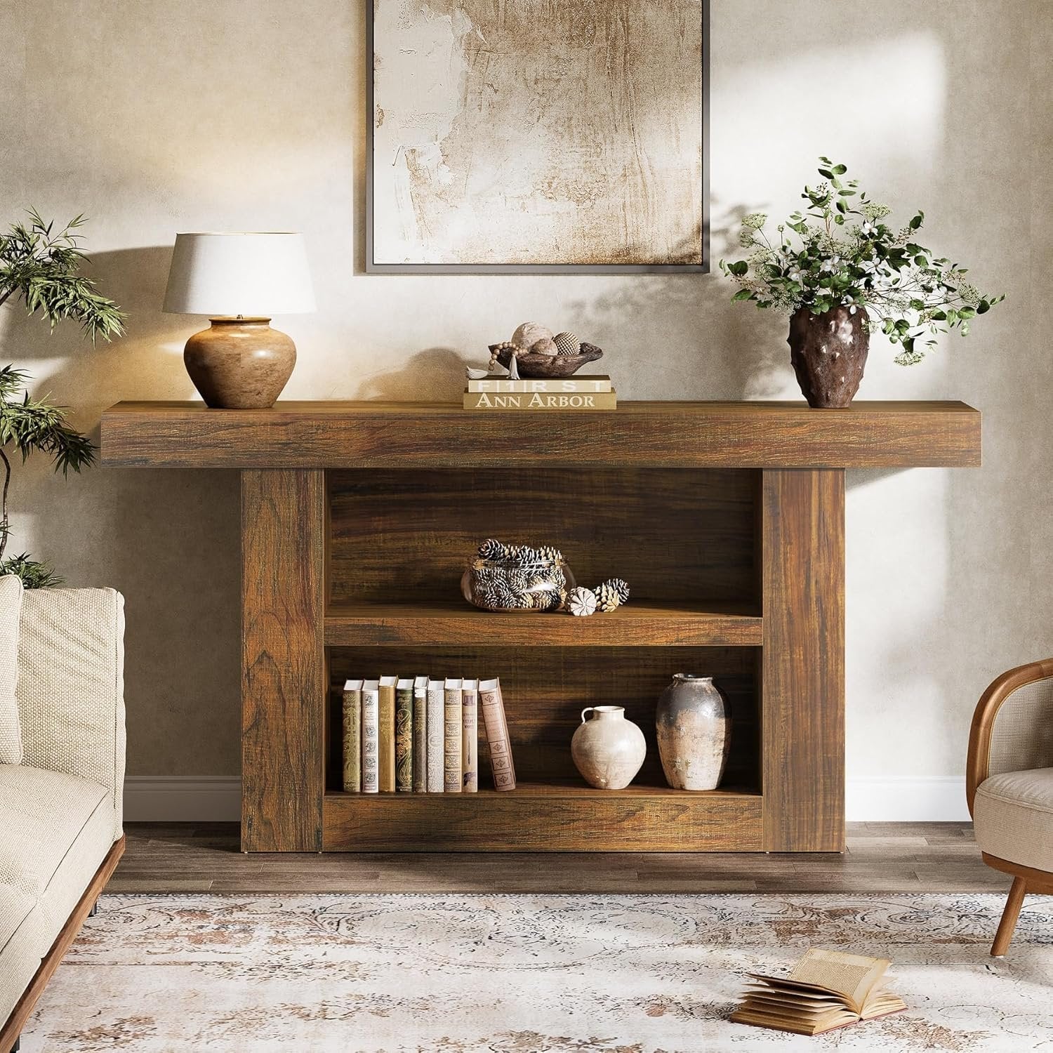63" Console Table, 3-Tier Farmhouse Entryway Table with U-Shaped Base - Image 4