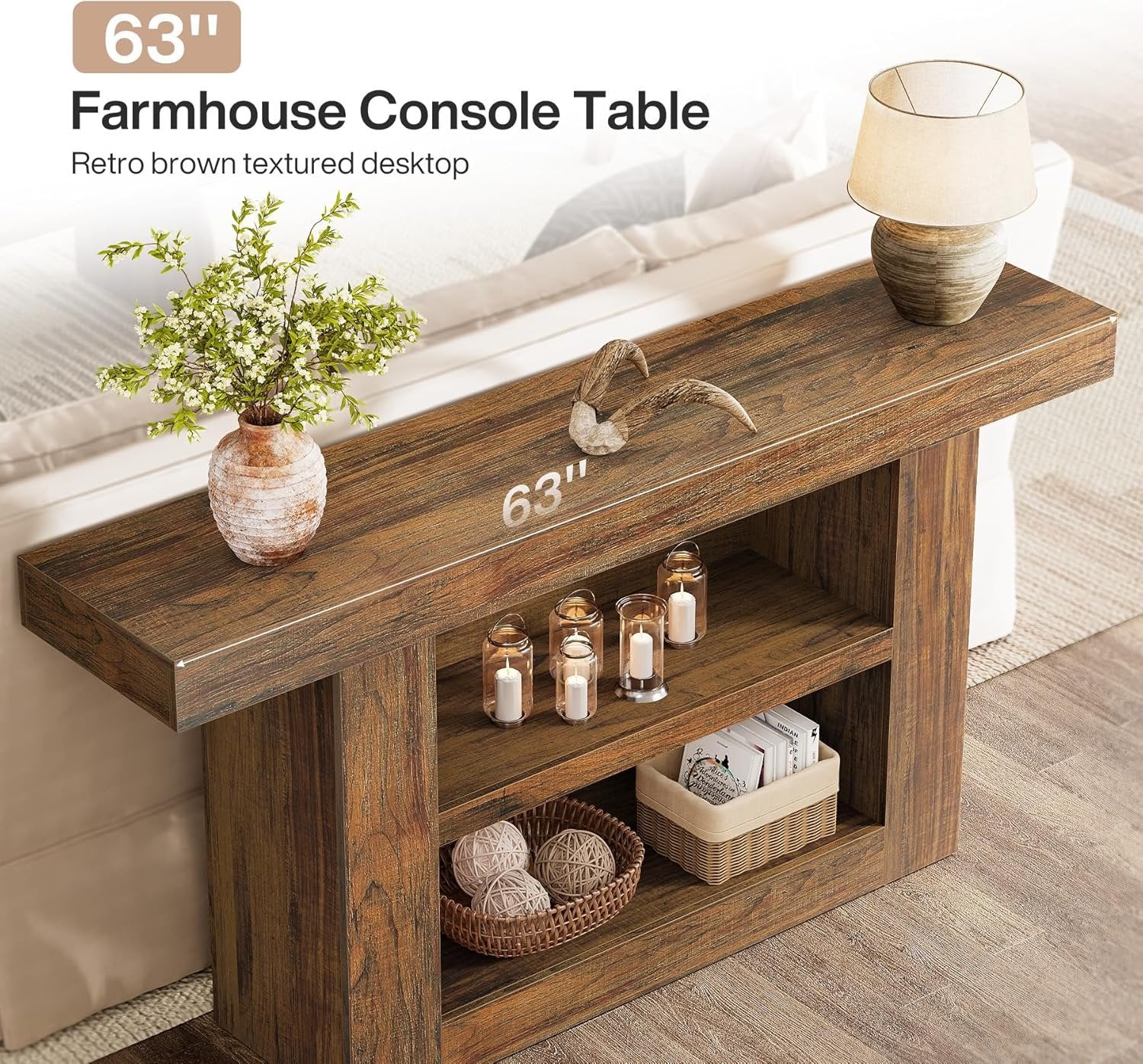 63" Console Table, 3-Tier Farmhouse Entryway Table with U-Shaped Base - Image 5