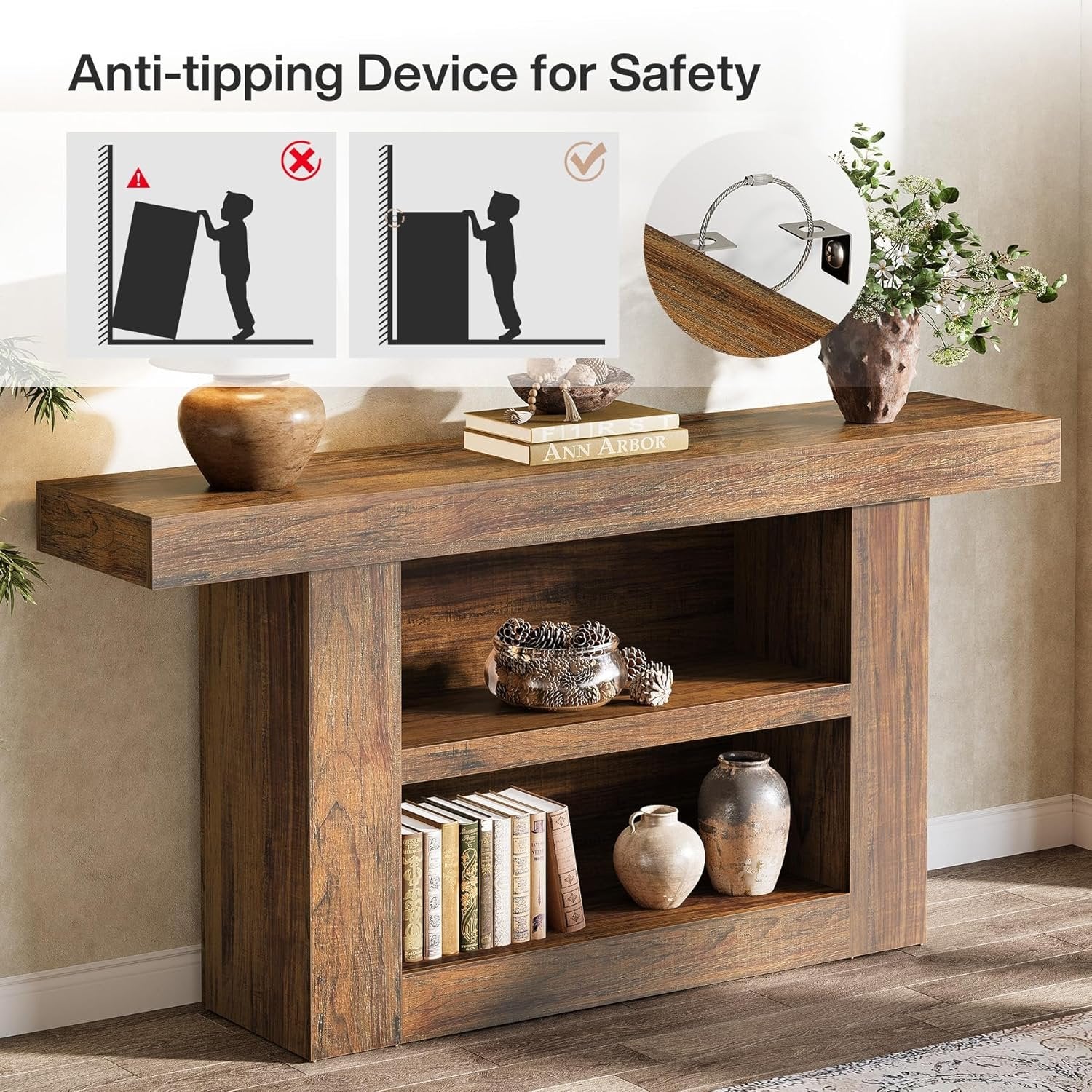 63" Console Table, 3-Tier Farmhouse Entryway Table with U-Shaped Base - Image 6