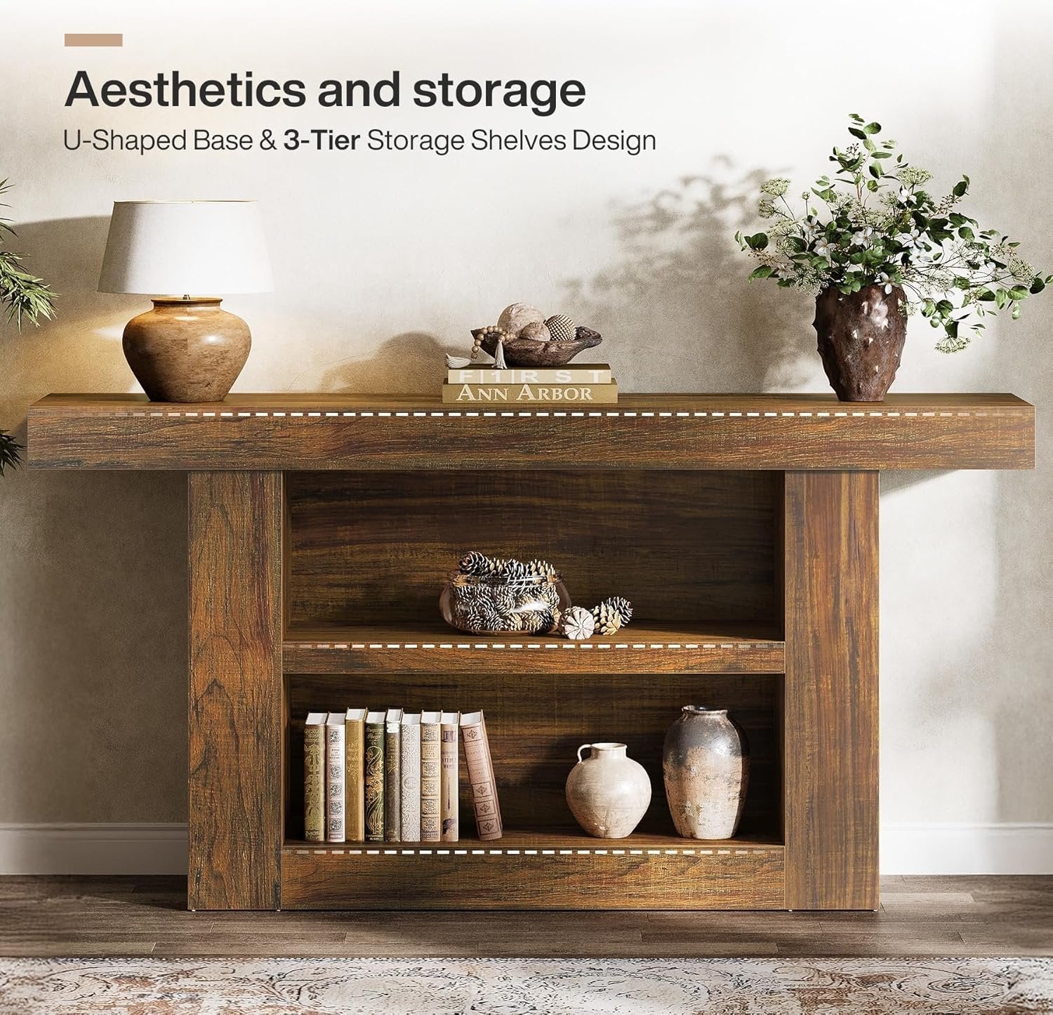 63" Console Table, 3-Tier Farmhouse Entryway Table with U-Shaped Base - Image 7