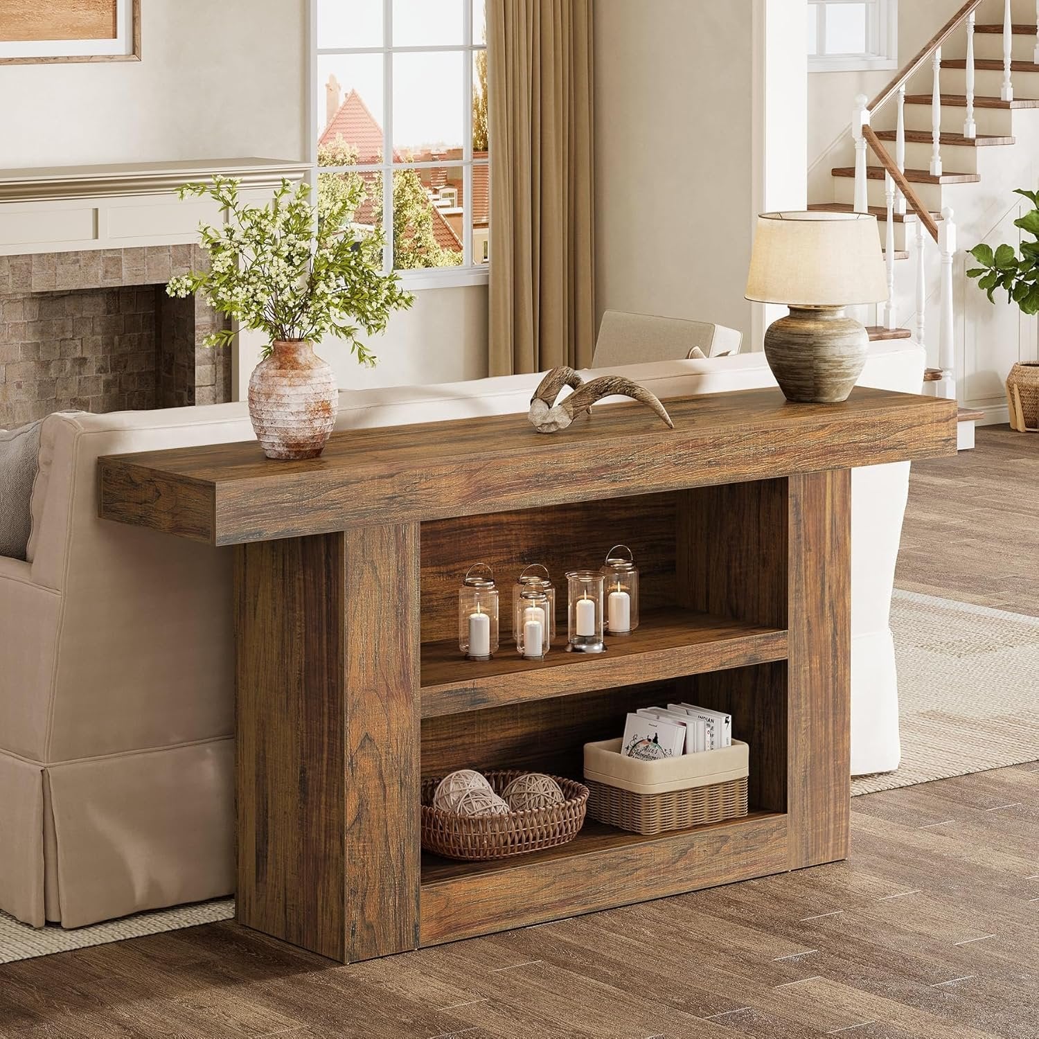 63" Console Table, 3-Tier Farmhouse Entryway Table with U-Shaped Base - Image 8