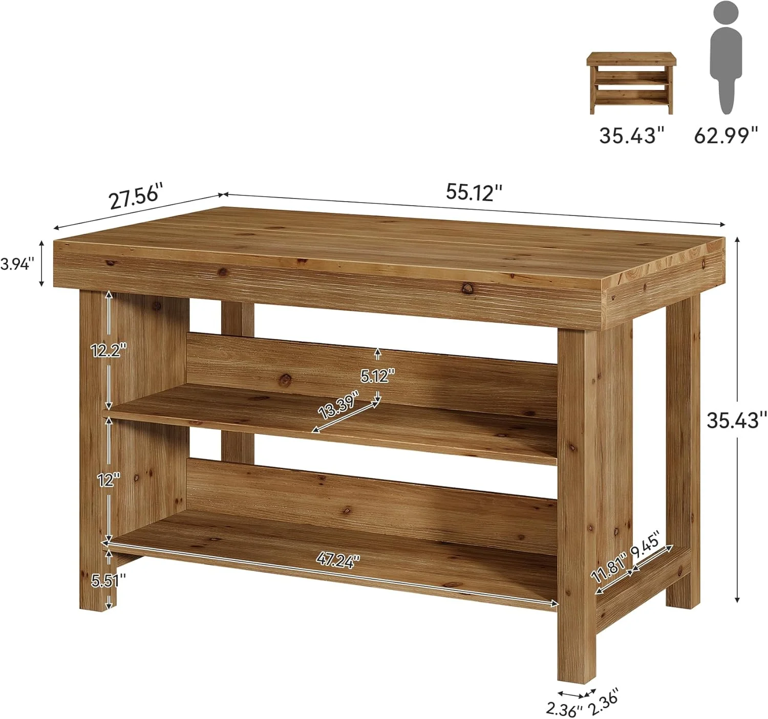 55" Wood Kitchen Island, 3-Tier Farmhouse Counter Height Coffee Bar - Image 2