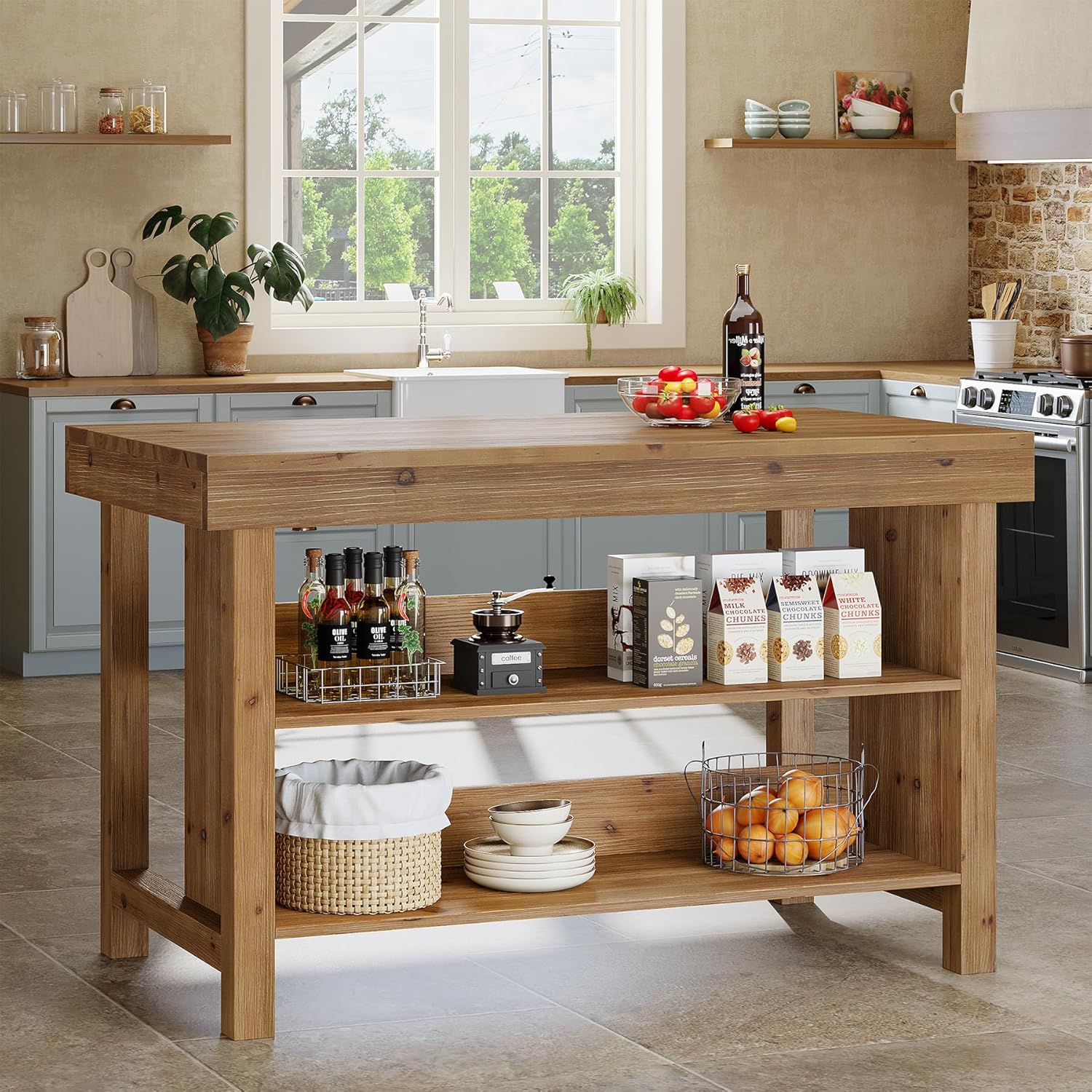 55" Wood Kitchen Island, 3-Tier Farmhouse Counter Height Coffee Bar - Image 3