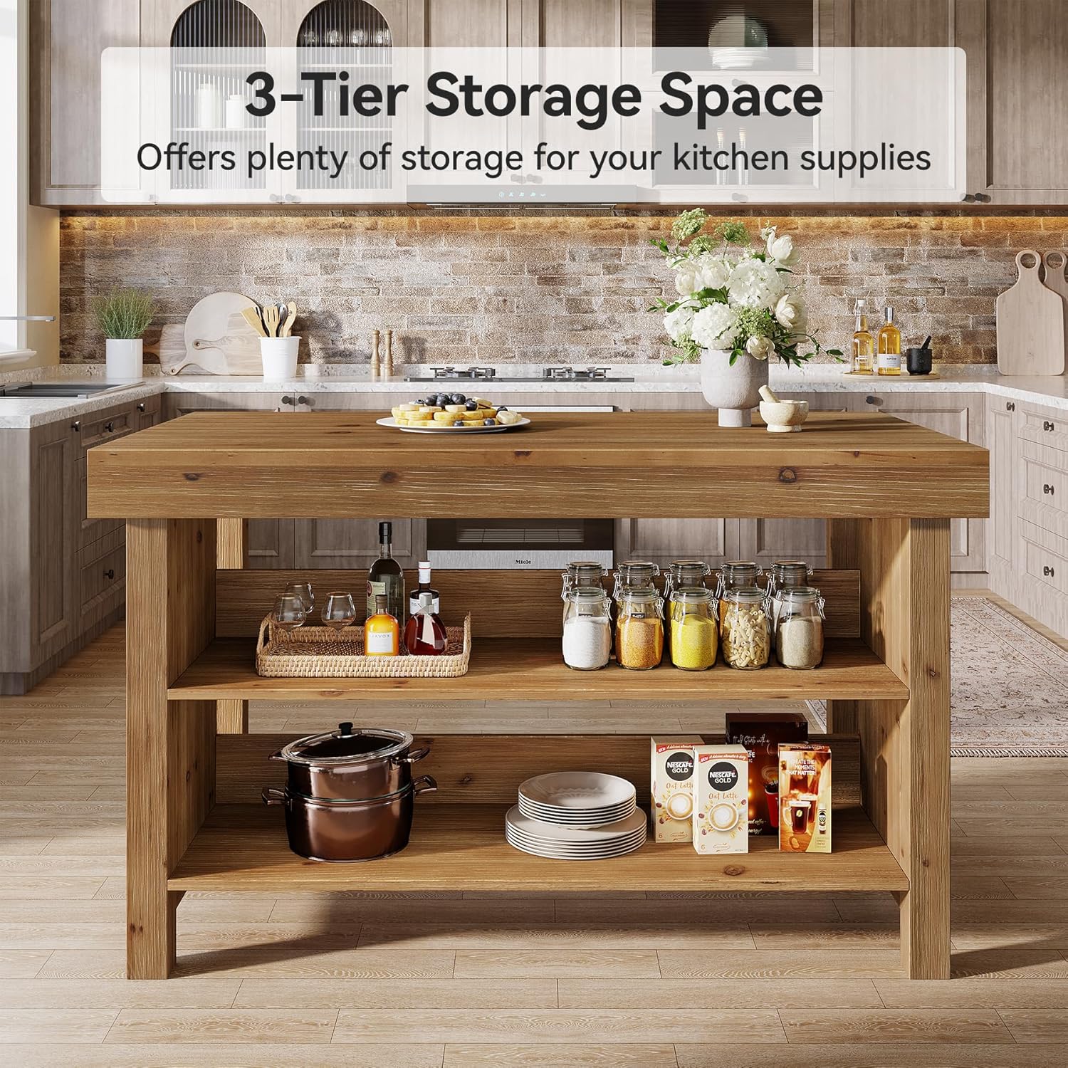 55" Wood Kitchen Island, 3-Tier Farmhouse Counter Height Coffee Bar - Image 4