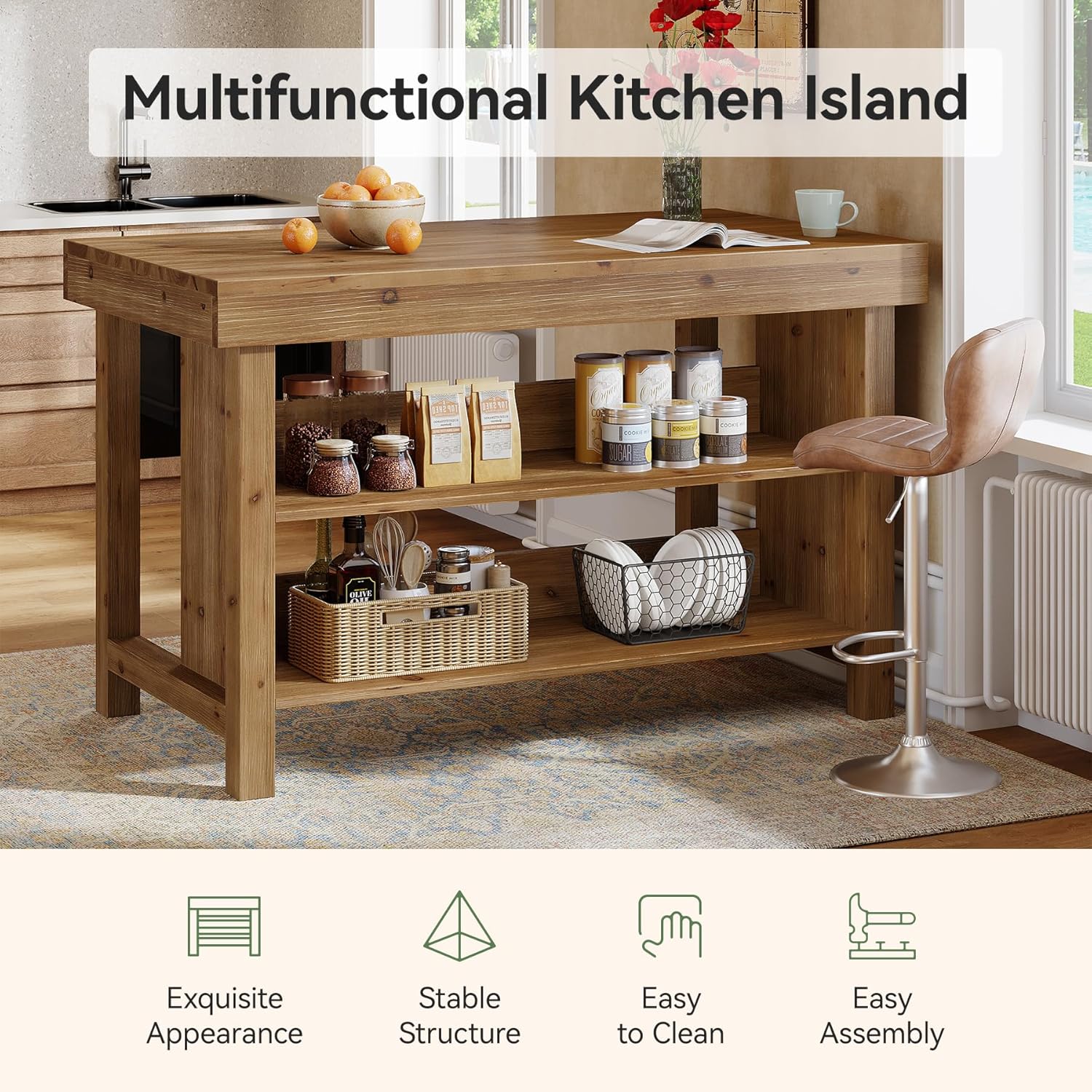 55" Wood Kitchen Island, 3-Tier Farmhouse Counter Height Coffee Bar - Image 5