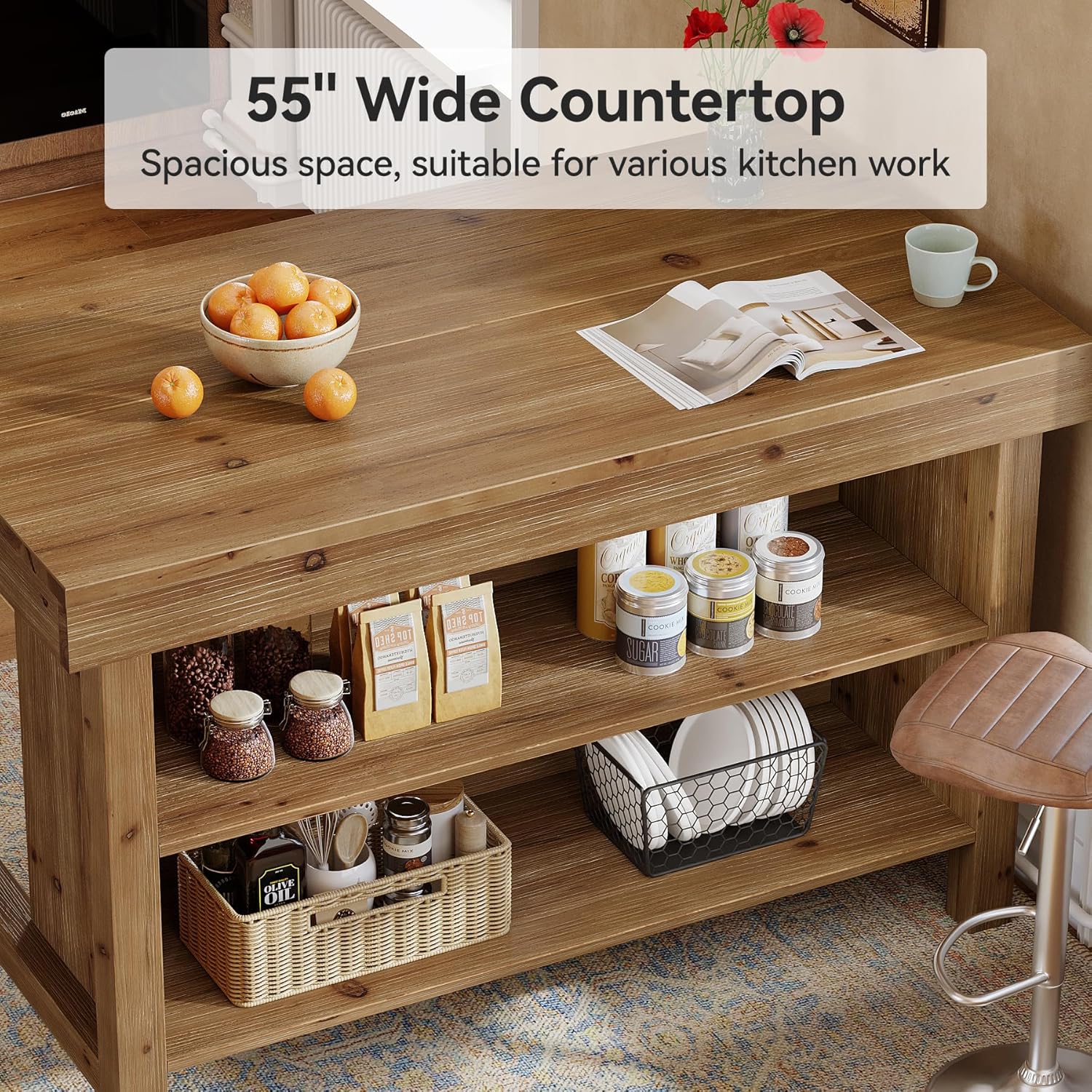 55" Wood Kitchen Island, 3-Tier Farmhouse Counter Height Coffee Bar - Image 6