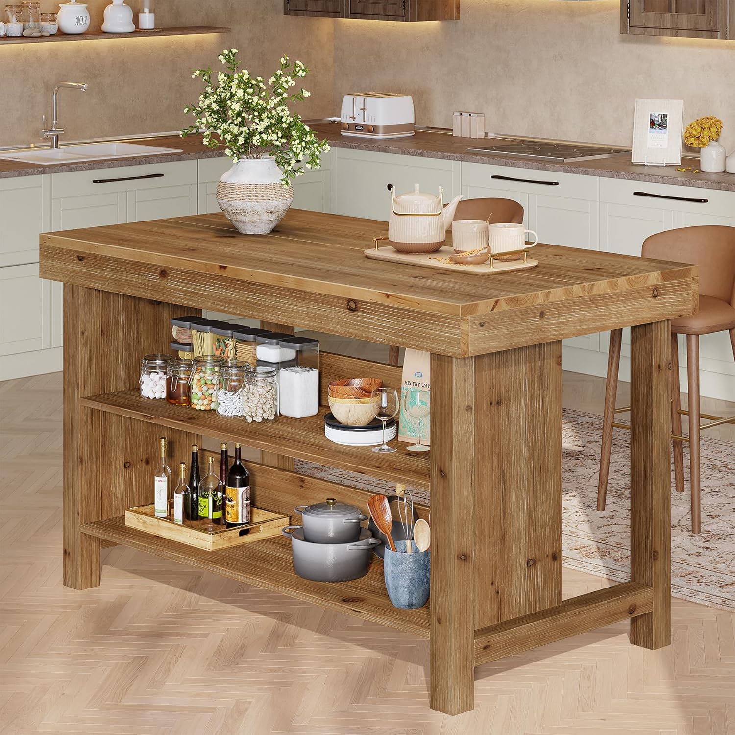 55" Wood Kitchen Island, 3-Tier Farmhouse Counter Height Coffee Bar - Image 7