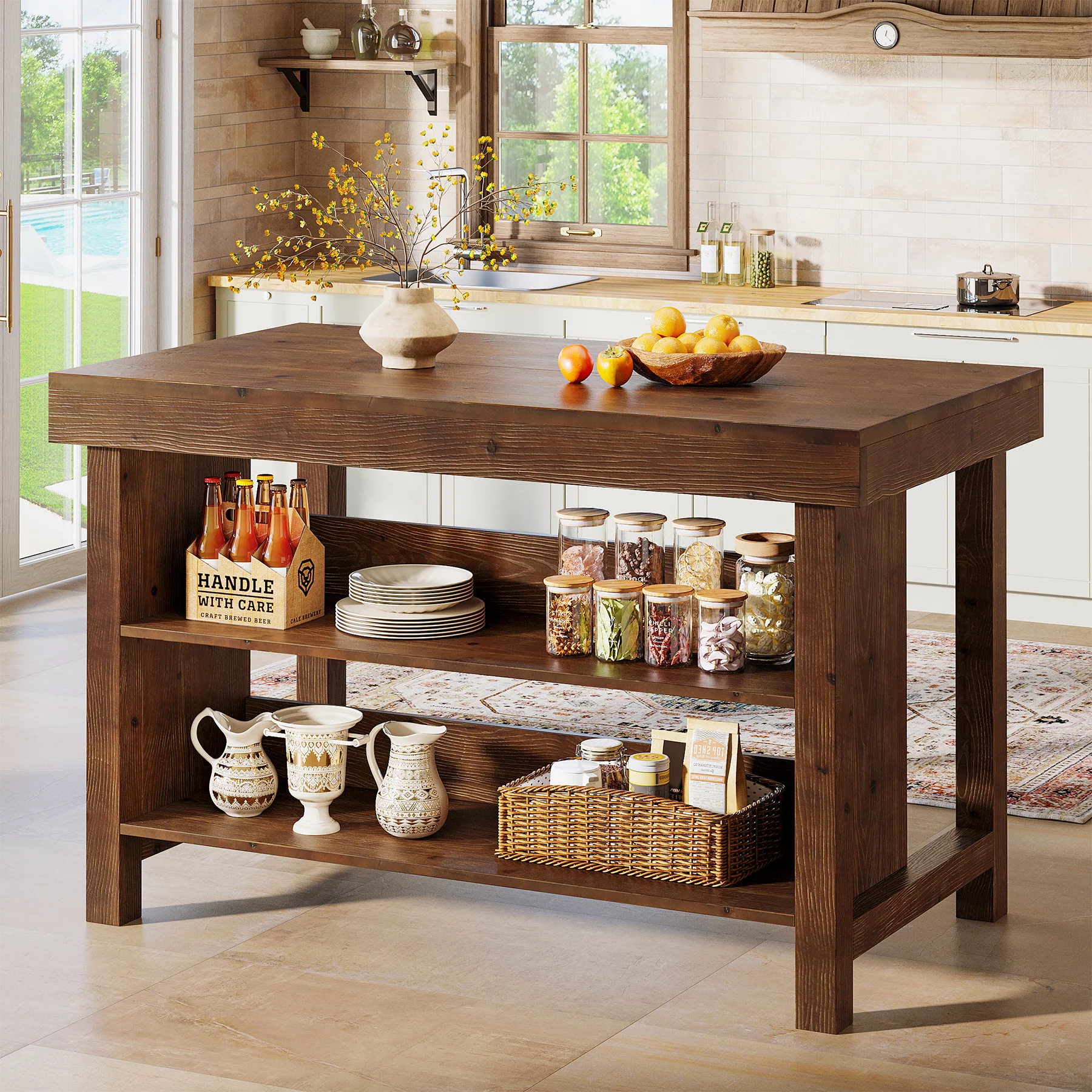 55" Wood Kitchen Island, 3-Tier Farmhouse Counter Height Coffee Bar - Image 8