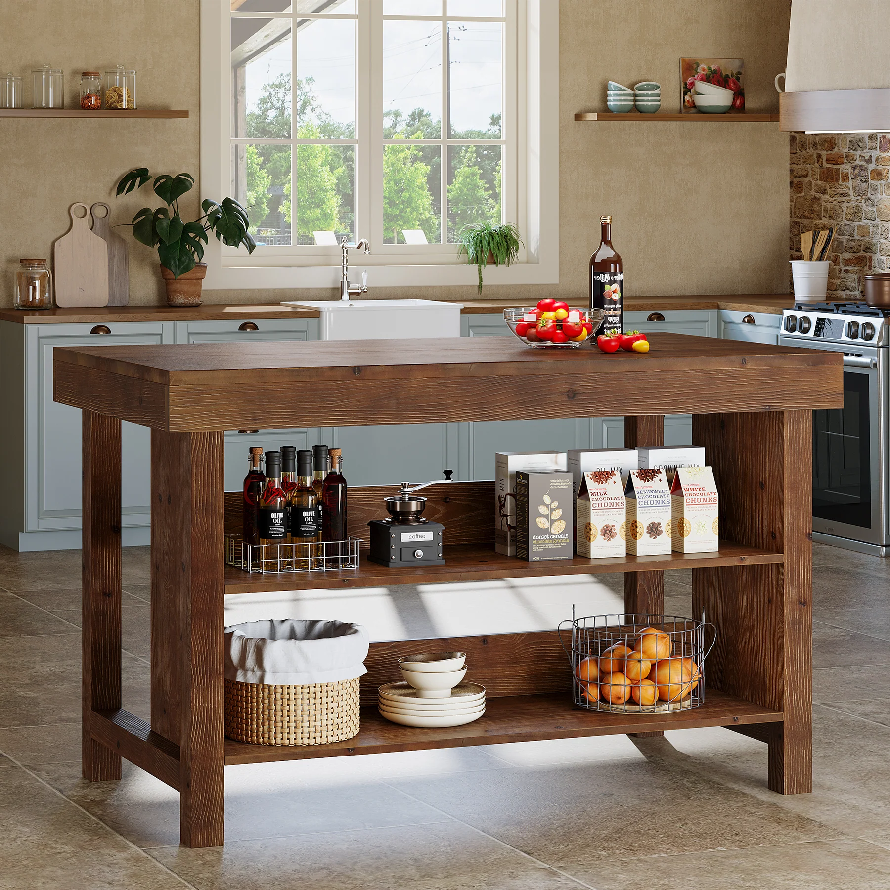 55" Wood Kitchen Island, 3-Tier Farmhouse Counter Height Coffee Bar - Image 9