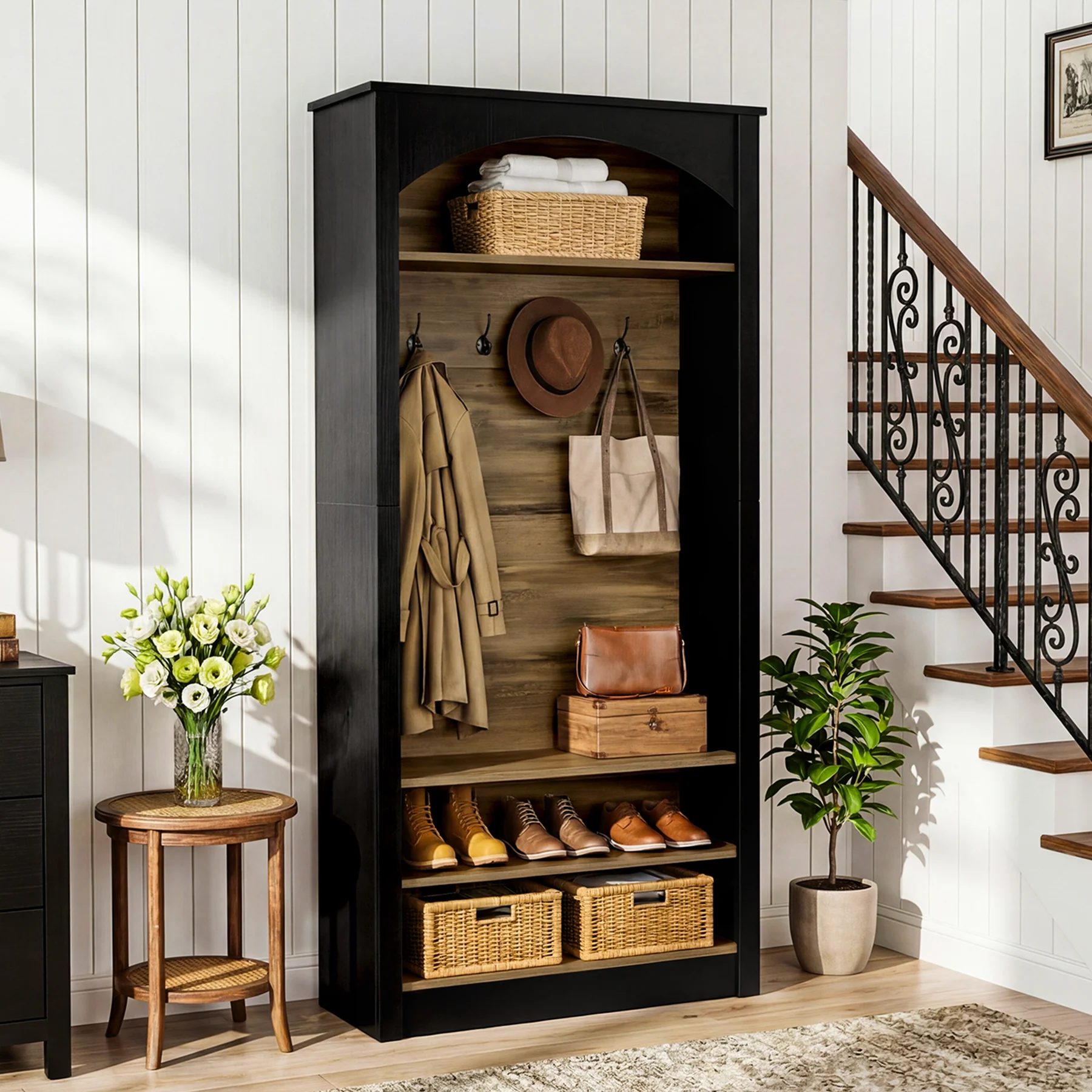 74.8" Hall Tree, 3-Tier Farmhouse Shoe Storage with Hooks for Entryway - Image 5