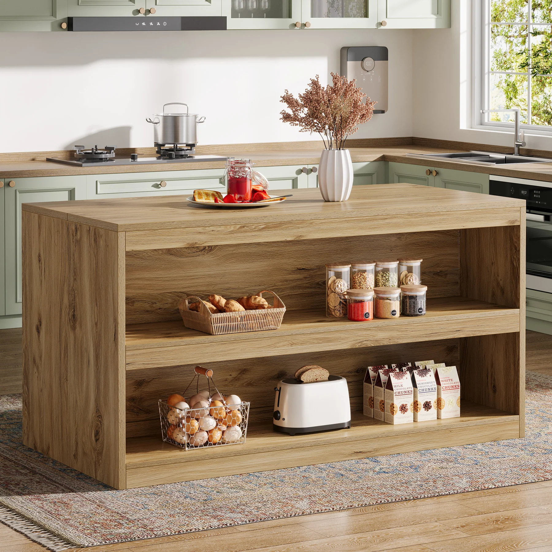 59" Kitchen Island, 3-Tier Farmhouse Stationary Island Table with Storage - Image 3