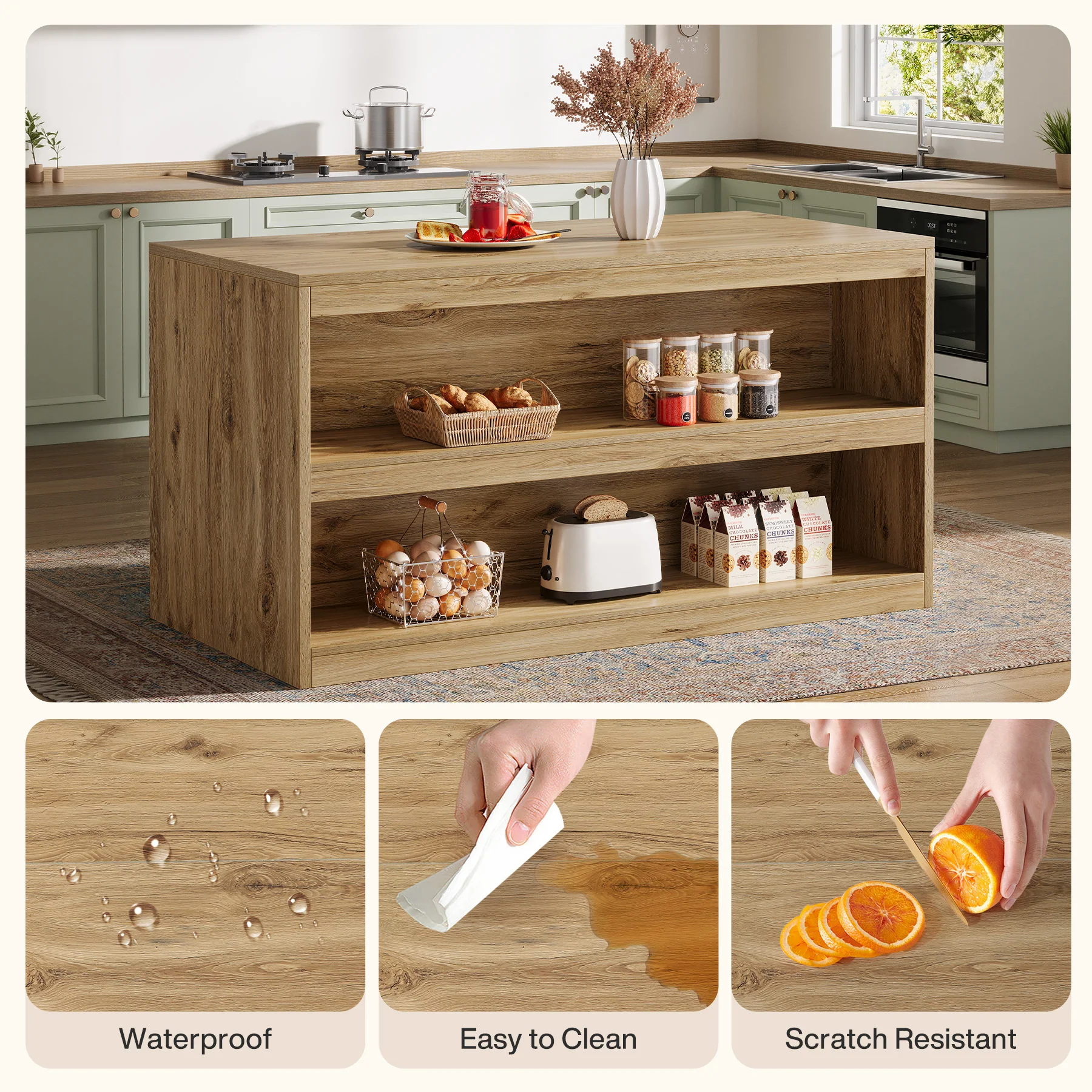 59" Kitchen Island, 3-Tier Farmhouse Stationary Island Table with Storage - Image 7