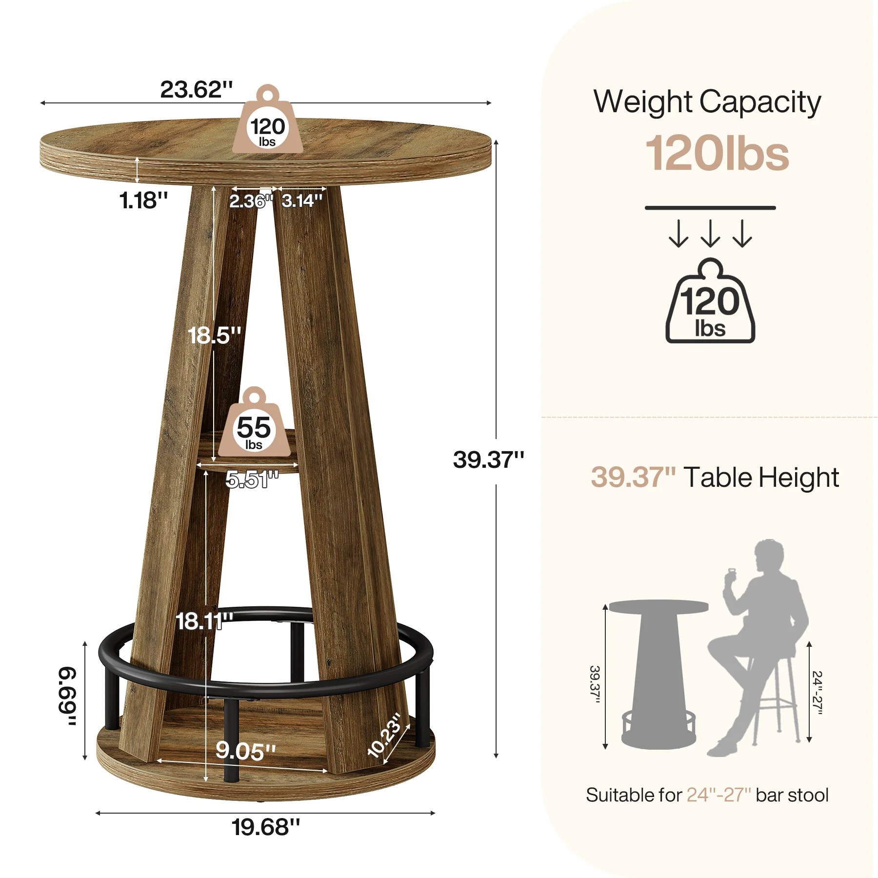 39.4" Bar Table, 3-Tier High Top Bistro Table Cocktail Pub Tables with Metal Footrest - Image 2