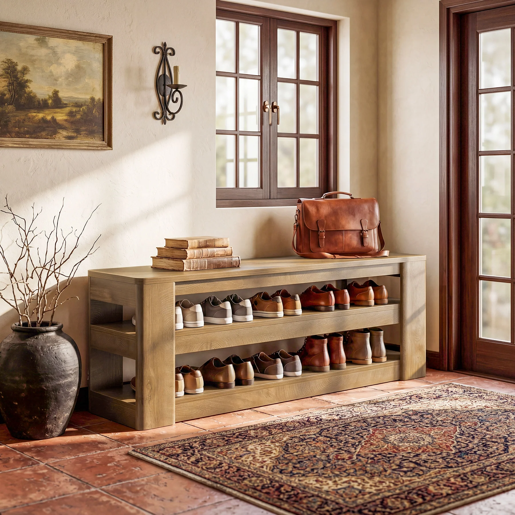 55" Shoe Rack Bench, 3-Tier Entryway Storage Bench Seat for Entrance