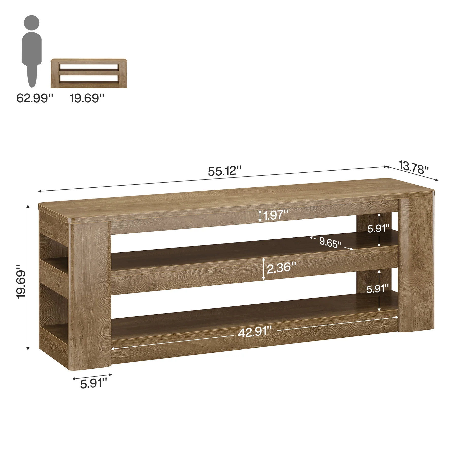 55" Shoe Rack Bench, 3-Tier Entryway Storage Bench Seat for Entrance - Image 2