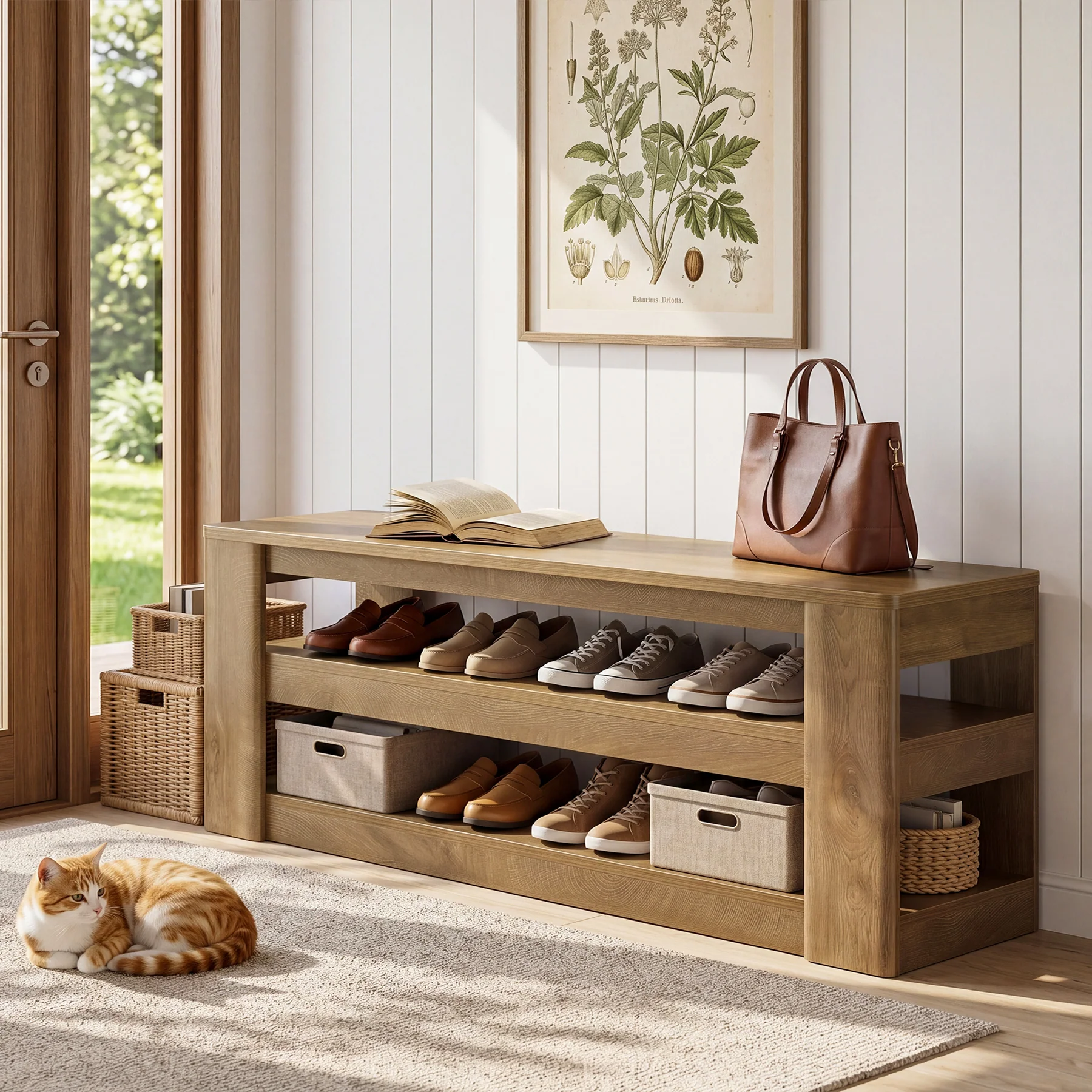 55" Shoe Rack Bench, 3-Tier Entryway Storage Bench Seat for Entrance - Image 3