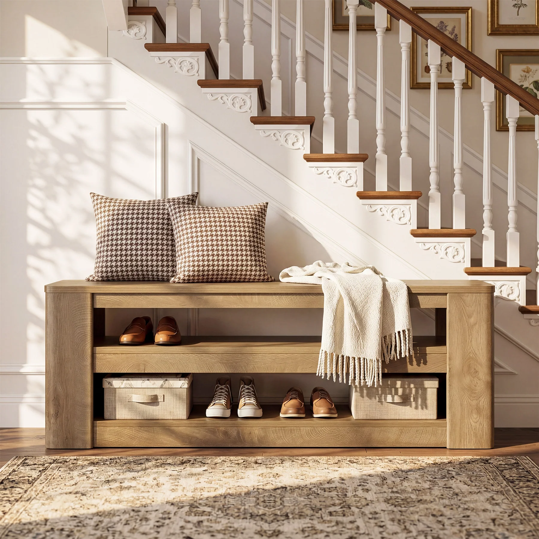 55" Shoe Rack Bench, 3-Tier Entryway Storage Bench Seat for Entrance - Image 6