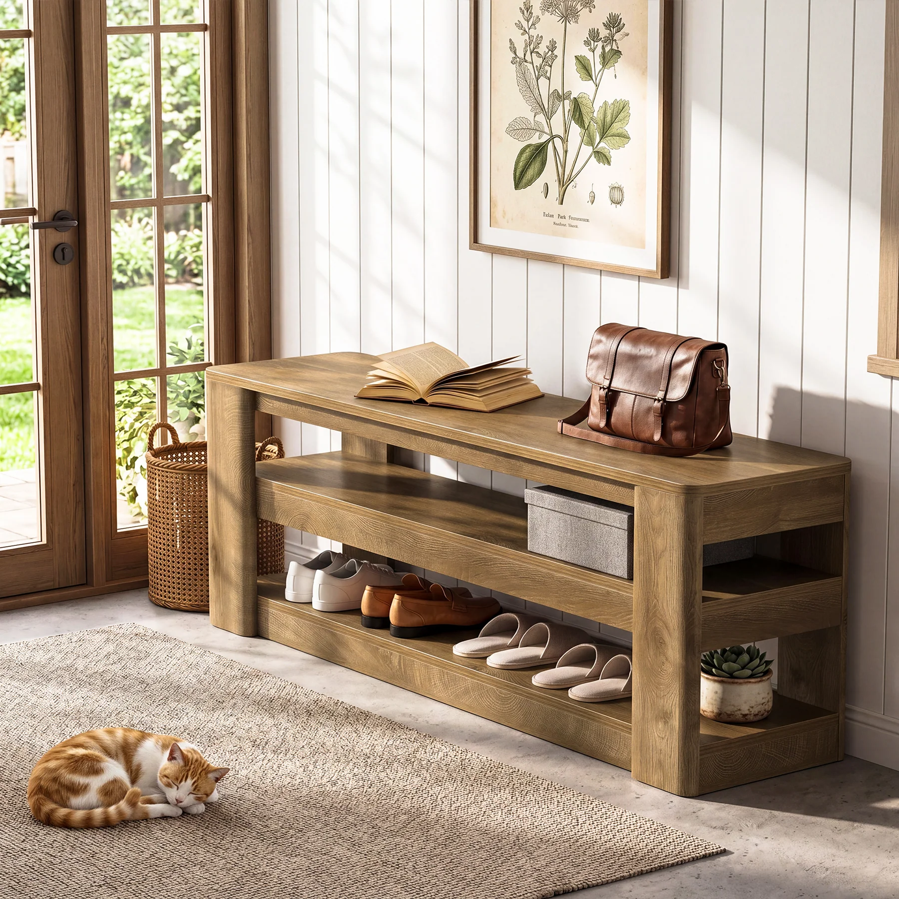 55" Shoe Rack Bench, 3-Tier Entryway Storage Bench Seat for Entrance - Image 9